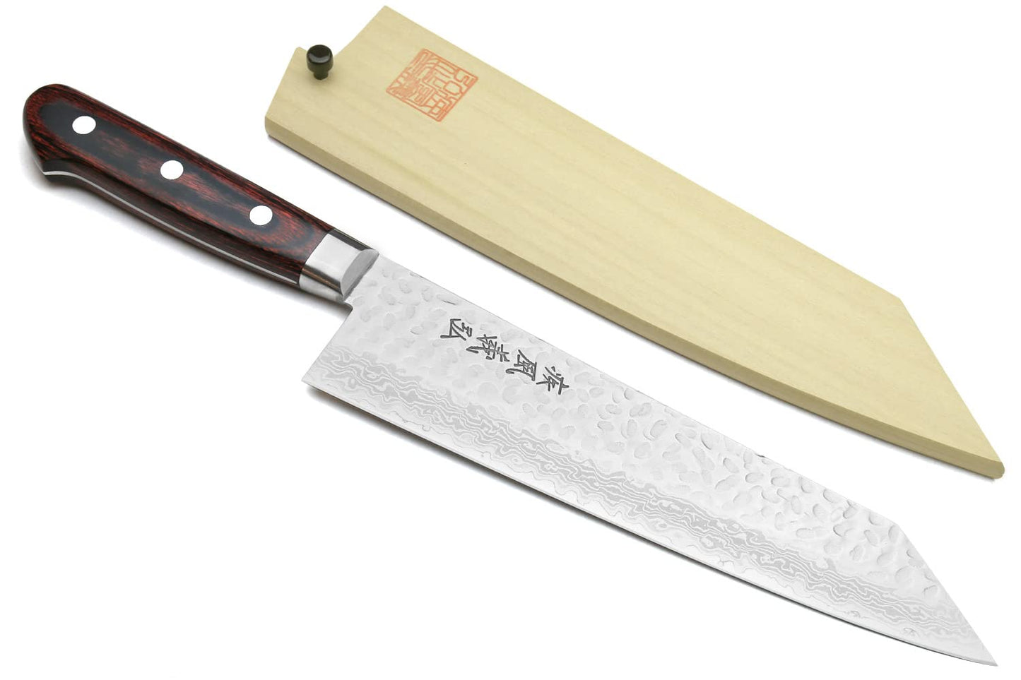 Yoshihiro VG10 Hammered Damascus Kiritsuke Sword Tip Multipurpose Japanese Chef Knife 8.25 inch - Western Style Mahogany Handle (with Magnolia Saya Cover)