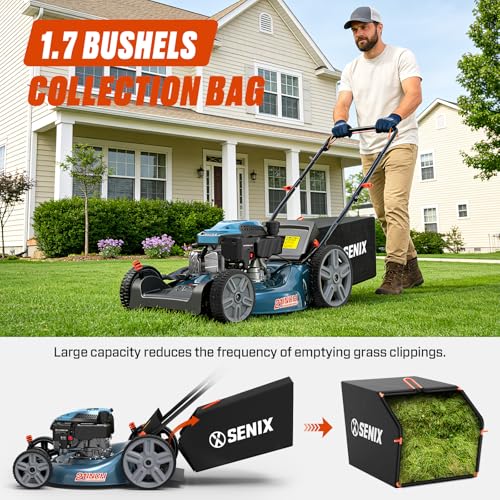 SENIX 21'' Self-Propelled Gas Lawn Mower, 170 cc 4-Cycle Engine 3.8 HP, 3-in-1 (Bagging/Mulching/Side Discharge), 6-Position Cutting Height Adjustment, 1.7 Bushels Grass Bag