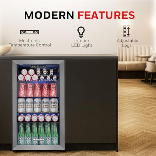 Honeywell Beverage Refrigerator and Cooler, 116 Can Mini Fridge with Glass Door for Soda Beer or Wine for Office or Bar with Adjustable Removable Shelving, Commercial Grade