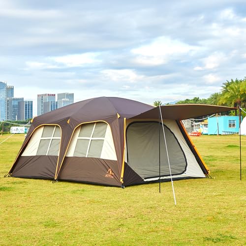 KTT Extra Large Tent 12 Person(A),Awning Family Cabin Tents,2 Rooms,4 Doors and 4 Windows with Mesh,Straight Wall,Waterproof,Double Layer,Big Tent for Outdoor,Picnic,Camping,Family Gathering(Brown)