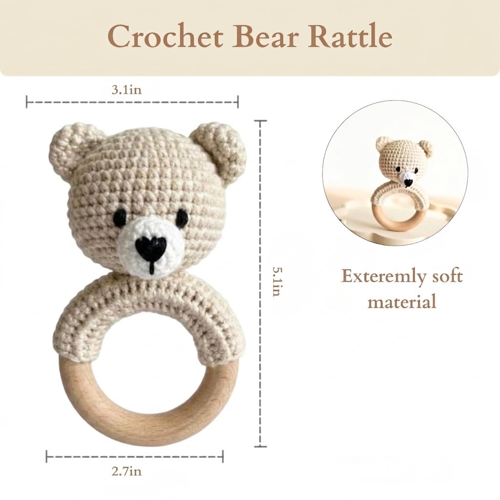 Organic Crochet Bear Baby Rattle Toy - Handmade Newborn Gift Set with Teether & Pacifier Holder - BPA-Free Organic Cotton New Baby Gift - Infant Sensory Toy for Girls Boys 0-12 Months