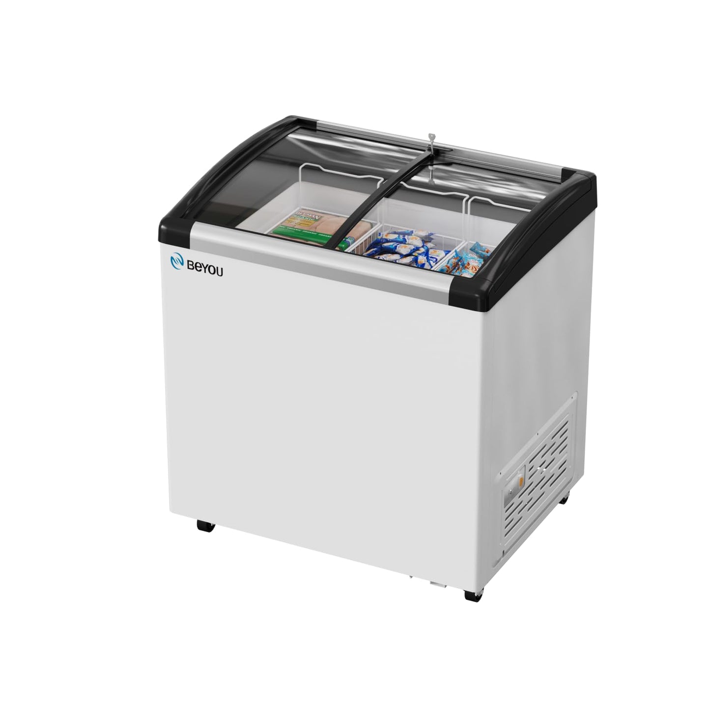 BEYOU 5.9cu Commercial Ice Cream Display Freezer- 3 Wire Baskets, 2 Sliding Display Glass Doosr, Mobile Top Deep Freezer for Shop Restaurant