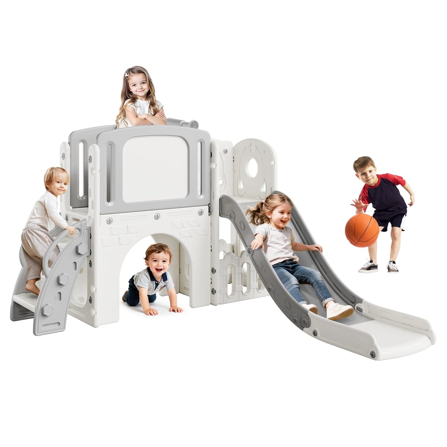 Garvee 8-in-1 Toddler Slide Indoor & Outdoor Playground Playset for Kids-Includes Climber, Basketball Hoop, Telescope, Tunnel, and Storage Space for Backyard & Courtyard Fun