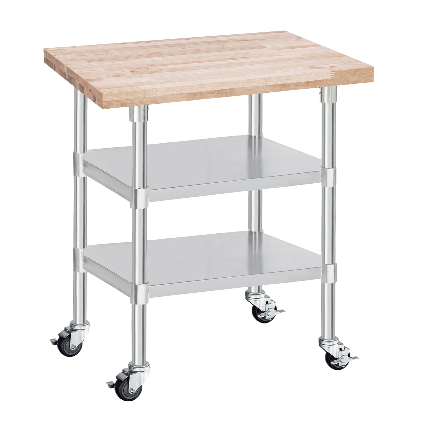DuraSteel Butcher Block Counter Top - 24 x 30 x 34" Height with 4 Caster Wheels (2 Adjustable) - Kitchen, Side, Coffee, or Dining Table - Optional Base Leg Units, Natural Maple Slab Work Bench Top