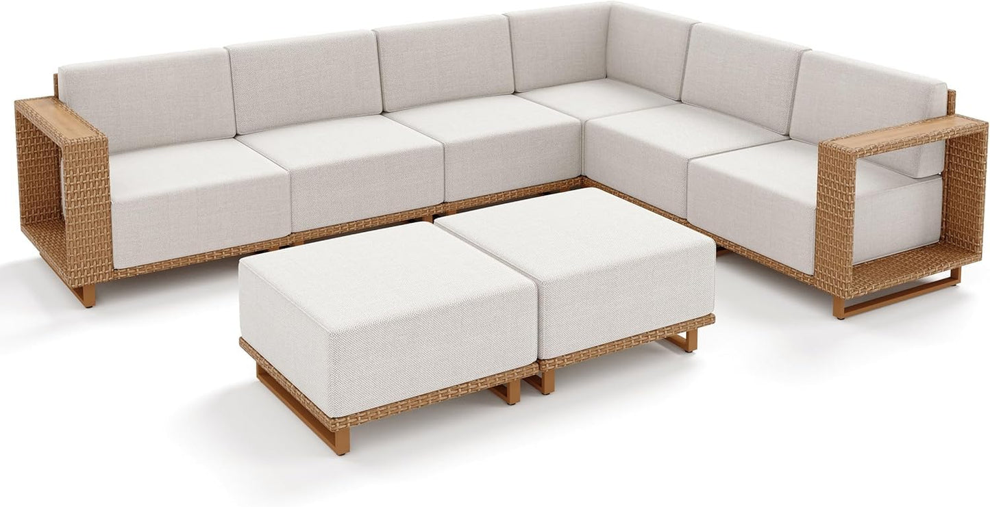 SUNSHINE VALLEY L Shaped Patio Furniture,Outdoor Rattan Wicker Sectional Sofa with 10''Ultra-Thick Cushions,All Weather Patio Conversation Set for Lawn Garden Backyard,Beige