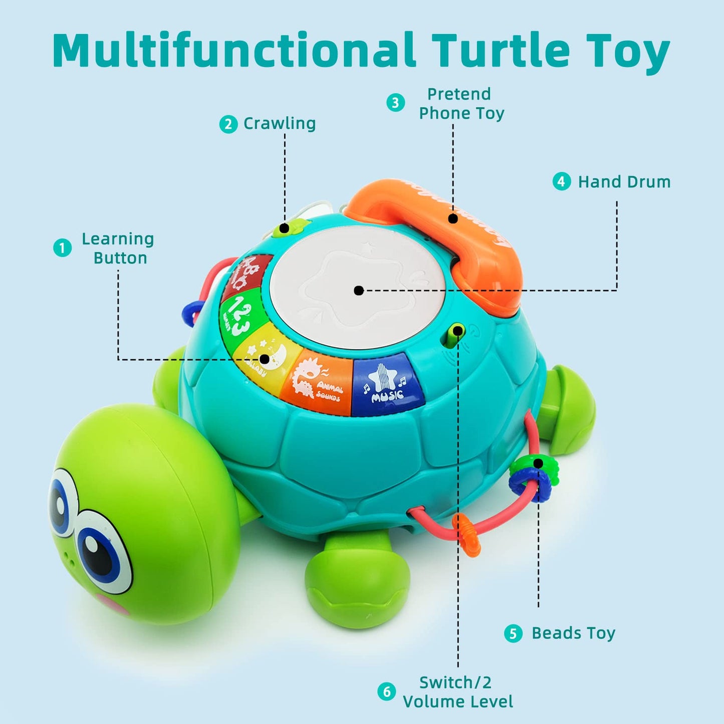 Ussybaby Baby Crawling Toys 6 to 12 Months, Infant Turtle Musical Toys with Phone Hand Drum，Baby 7 8 9 10 11 Months 1-2 Year Old Boy Girl Gift Green