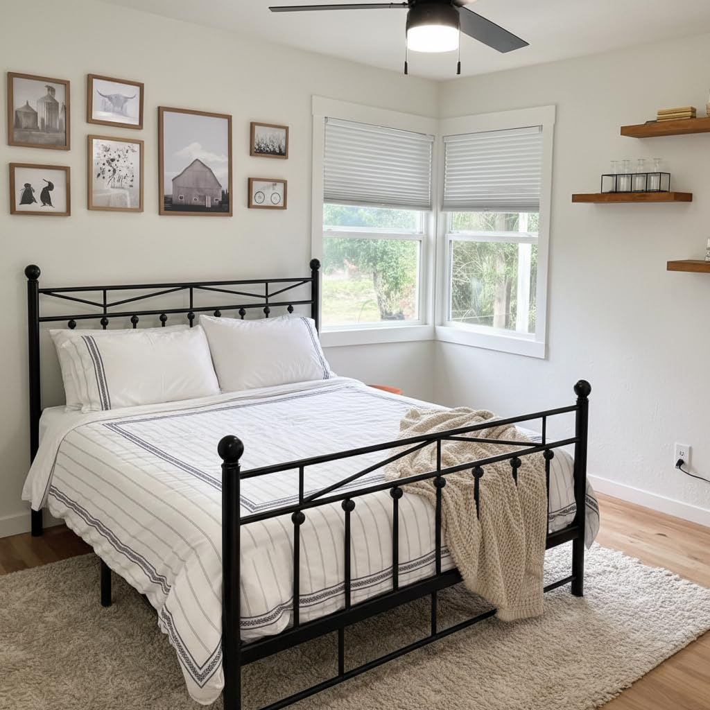 EnHomee 54" Metal King Bed Frame with Tall Headboard & Footboard, LED Light King Bed Frame, Strong Metal Slats Support and Noise-Free Design with Under Bed Storage/No Box Spring Needed/Black