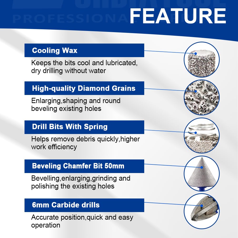 SHDIATOOL Diamond Drill Core Bits Kits, Hole Saw Sets with Triangle Shank for Drilling Porcelain Tile Marble Ceramic Granite on Drill Machine 13pcs（6/6/20/25/35/50/75/100MM/2/10MM/6/6/6mm）