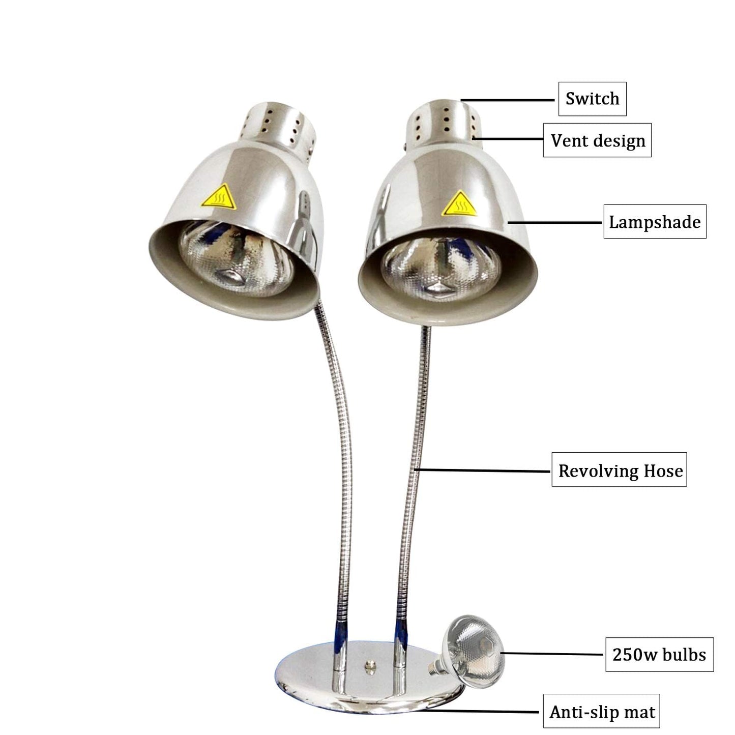 KOUWO Food Heat Lamps with Dual 250w Bulbs Food Warmer Lights Food Heating Warmer Lamp Restaurant Kitchen Buffet Warmer Table (Double Head)