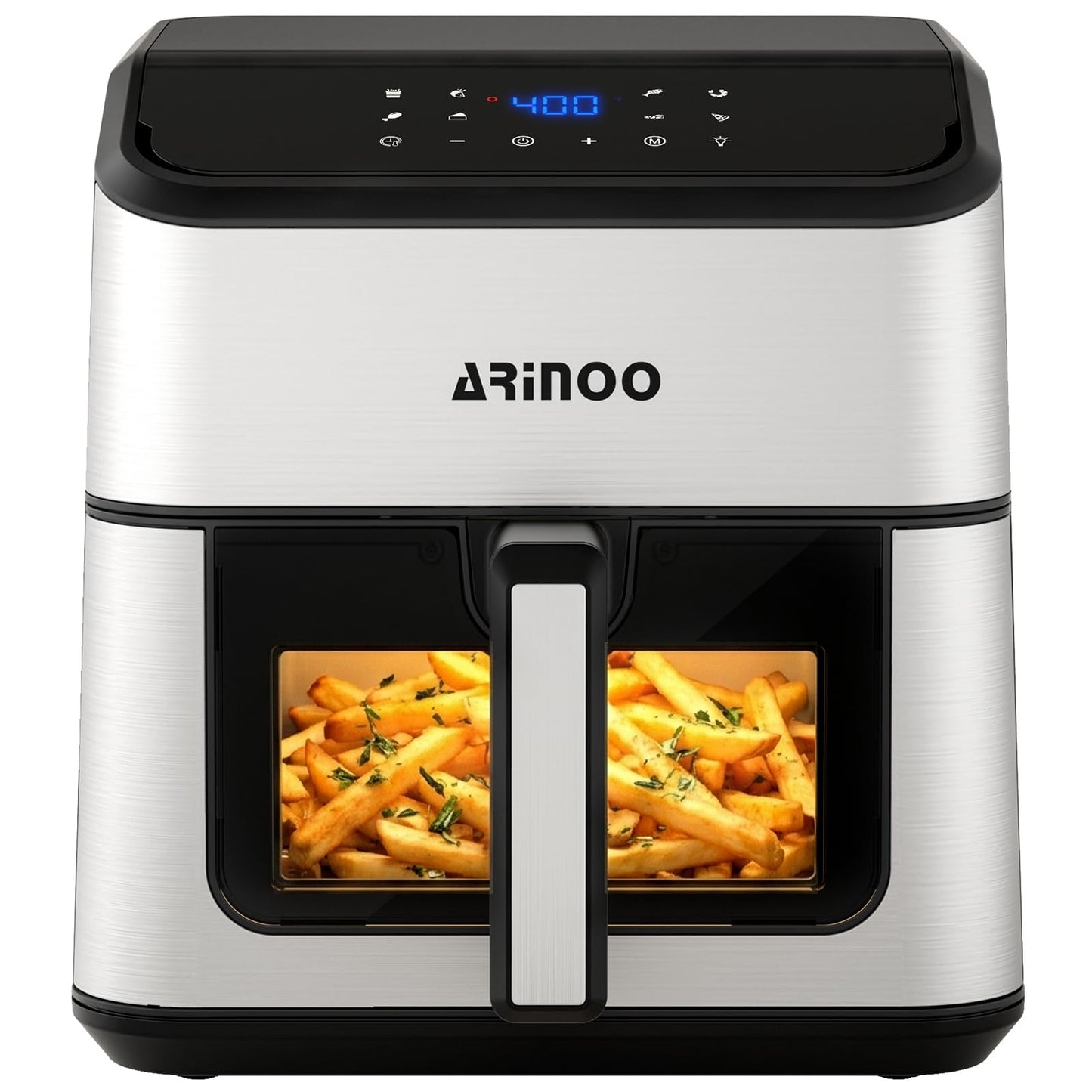 ARINOO Air Fryer Pro with Viewing Window, XL 8 Qt Family Size, 8 Presets French Fries, Chicken, Meat, Pizza, 360° Even Cooking, Recipe Book, 1500W, Nonstick Dishwasher-Safe Basket, 400°F, Black
