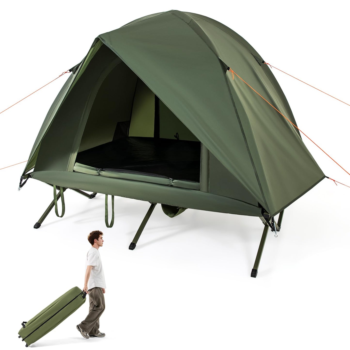 Tangkula 2 Person Tent Cot, Portable Off Ground Elevated Camping Tent with Cot, Removable Rainfly, Wheeled Bag, Stakes & Wind Ropes for Picnic, Hiking, Travel, Beach