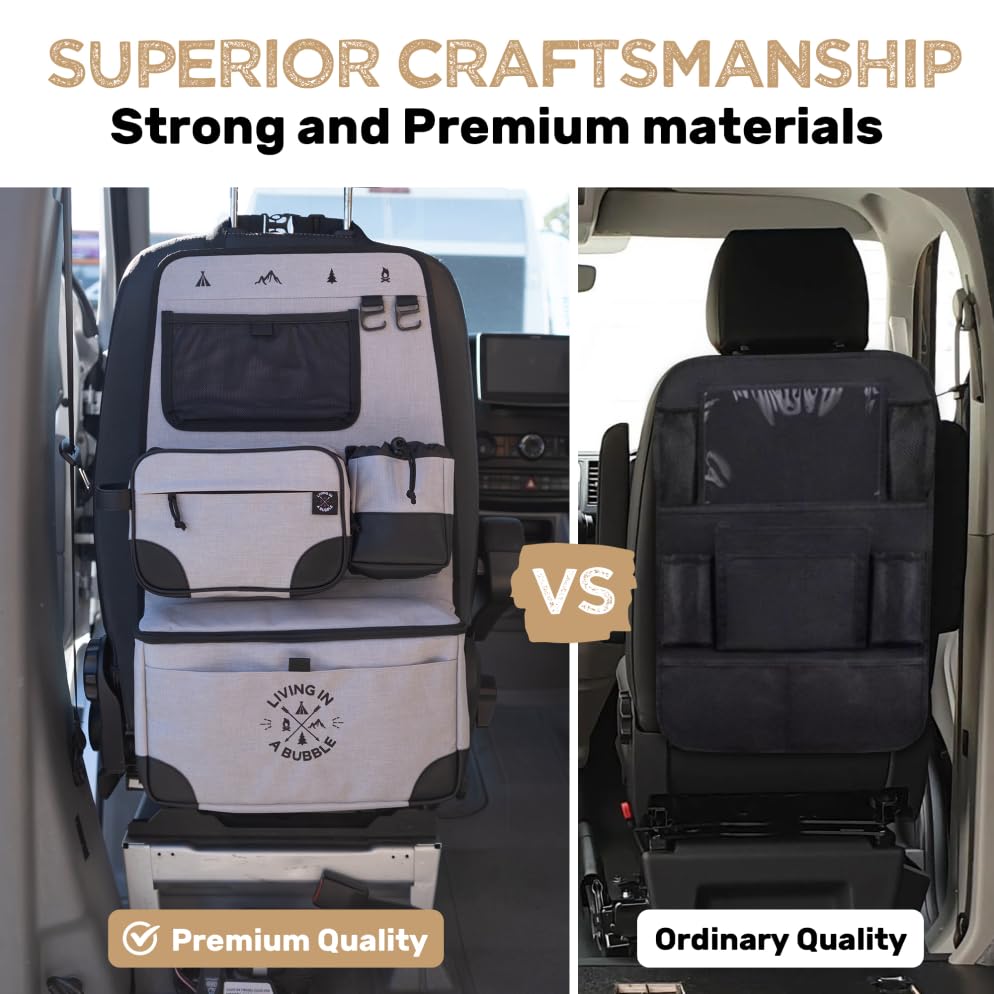 Living in a Bubble Seat back Organizer – Magnetic Toiletry and Cooler Pouch, Cordura Car Backseat Storage with Device Holder & Hooks, Multi-Compartment Utility Bag for Campervans & Family Travel