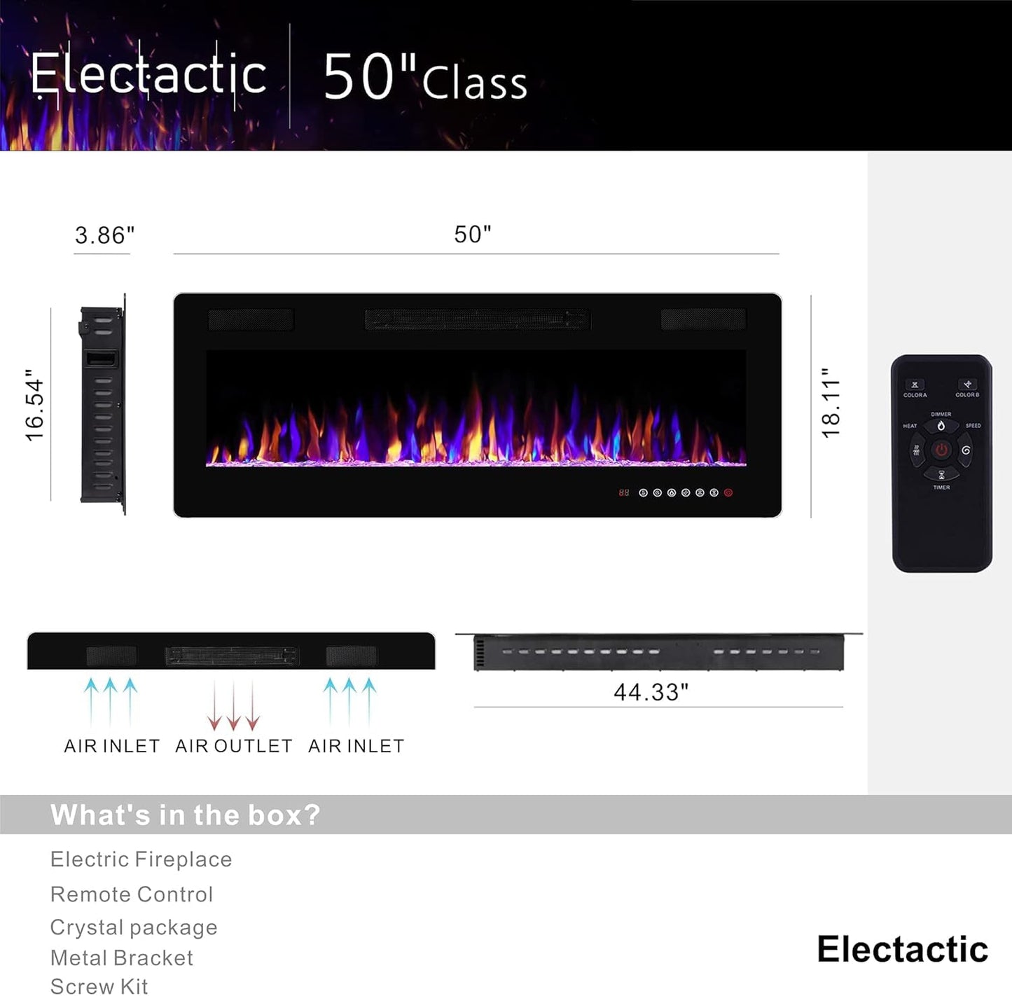Electactic 50 Inch Electric Fireplace Insert Ultra-Thin - Recessed & Wall-Mounted Fireplace Heater with Thermostat, Adjustable Flame, Remote Control - Linear with Timer, Touch Screen, 750/1500W