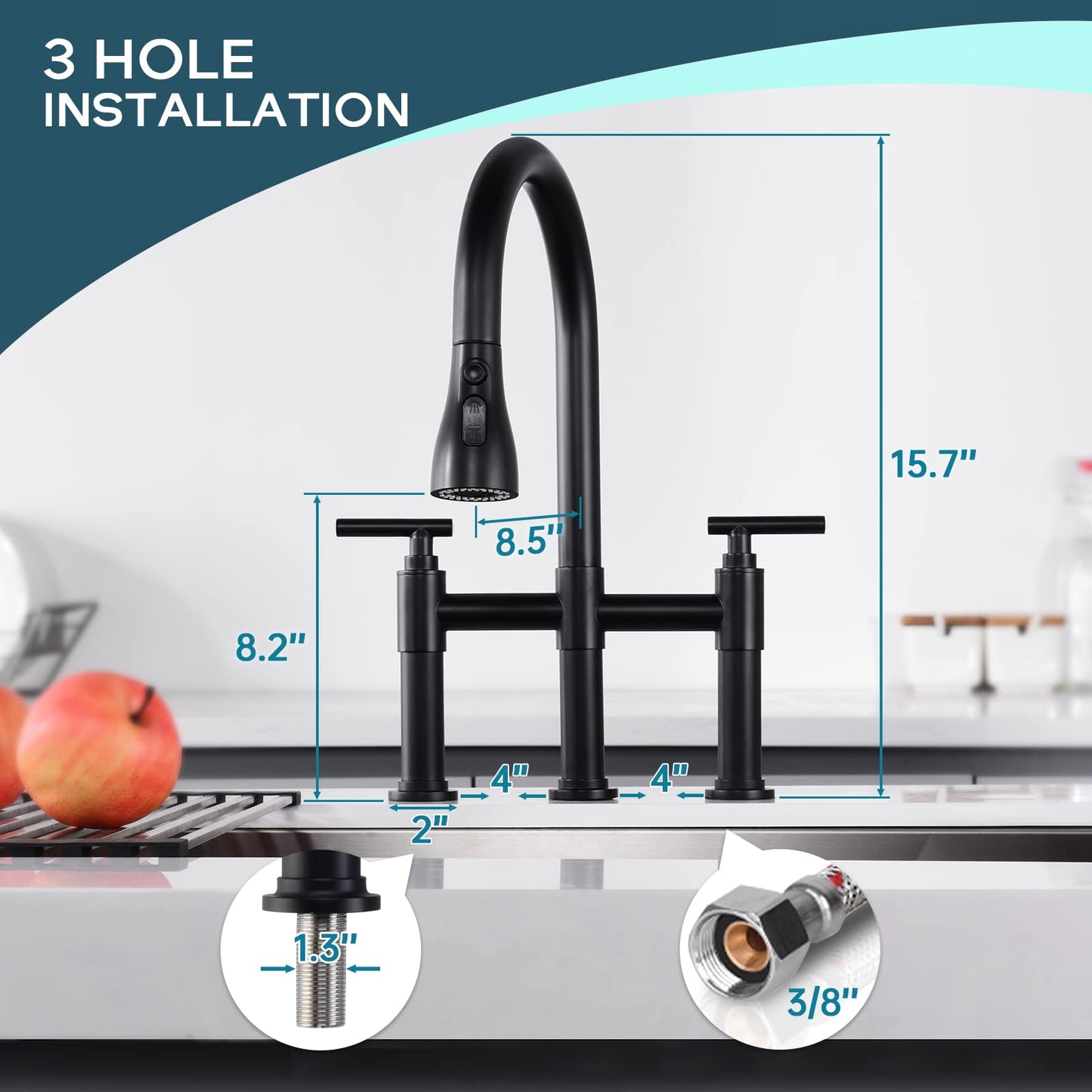 ARRISEA Bridge Kitchen Faucet with 3 Mode Pull-Down Sprayer 2 Handle 8 Inch Faucet for Kitchen Sinks 3 Hole Kitchen Sink Faucet, Fingerprint Resistant Spot Free Matte Black