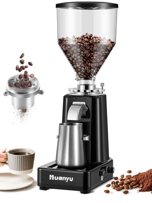 Huanyu Burr Coffee Grinder- Stainless Steel Flat Burr, 19 Precise Grind Settings, 35oz Capacity and Dual Dosing for Espresso, Hand Punch, French Press Black