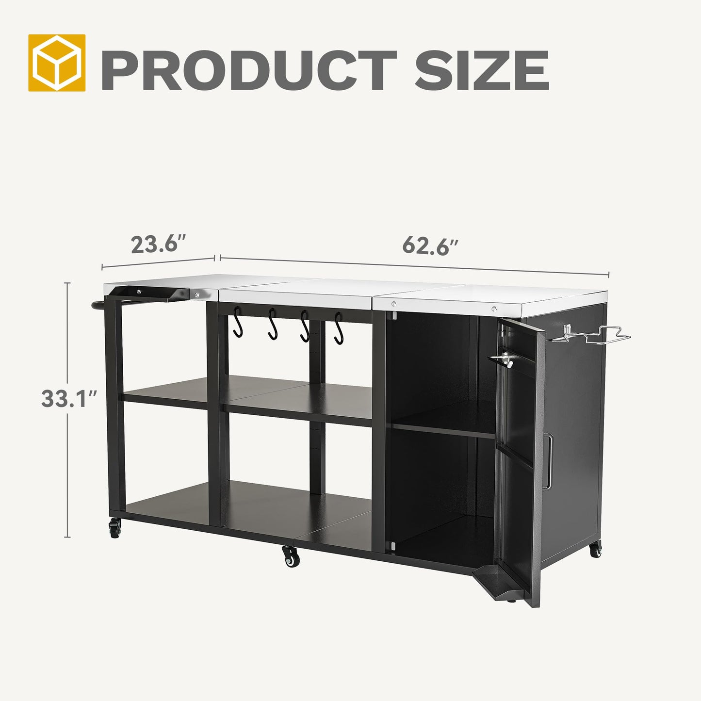 DWVO XL Outdoor Grill Table with Stainless Steel Tabletop, Grill Cart with Adjustable Storage Shelves, Spice Rack, Paper Towel Holder, and Trash Bag Holder, BBQ Prep Table for Parties
