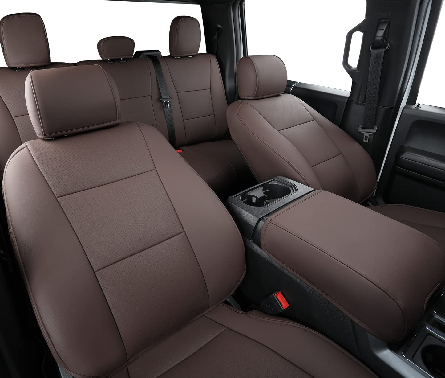 Covertopia F150 Faux Leather Seat Covers, Custom fit 2015-2024 2025 Ford F150 SuperCrew, and 2017-2024 2025 F250 F350 F450 Super Duty Crew Cab(Full Set, Brown)