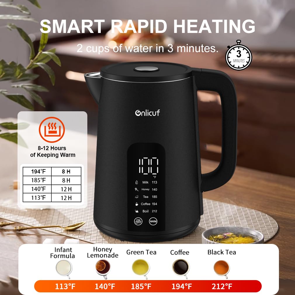 Onlicuf Electric Tea Kettle with Double Wall Cool Touch，1.7L Water Boiler Heater with Temperature Control，Stainless Steel Boiling Teapot, Digital Touch-Screen, Cordless, BPA-Free, Matte Black