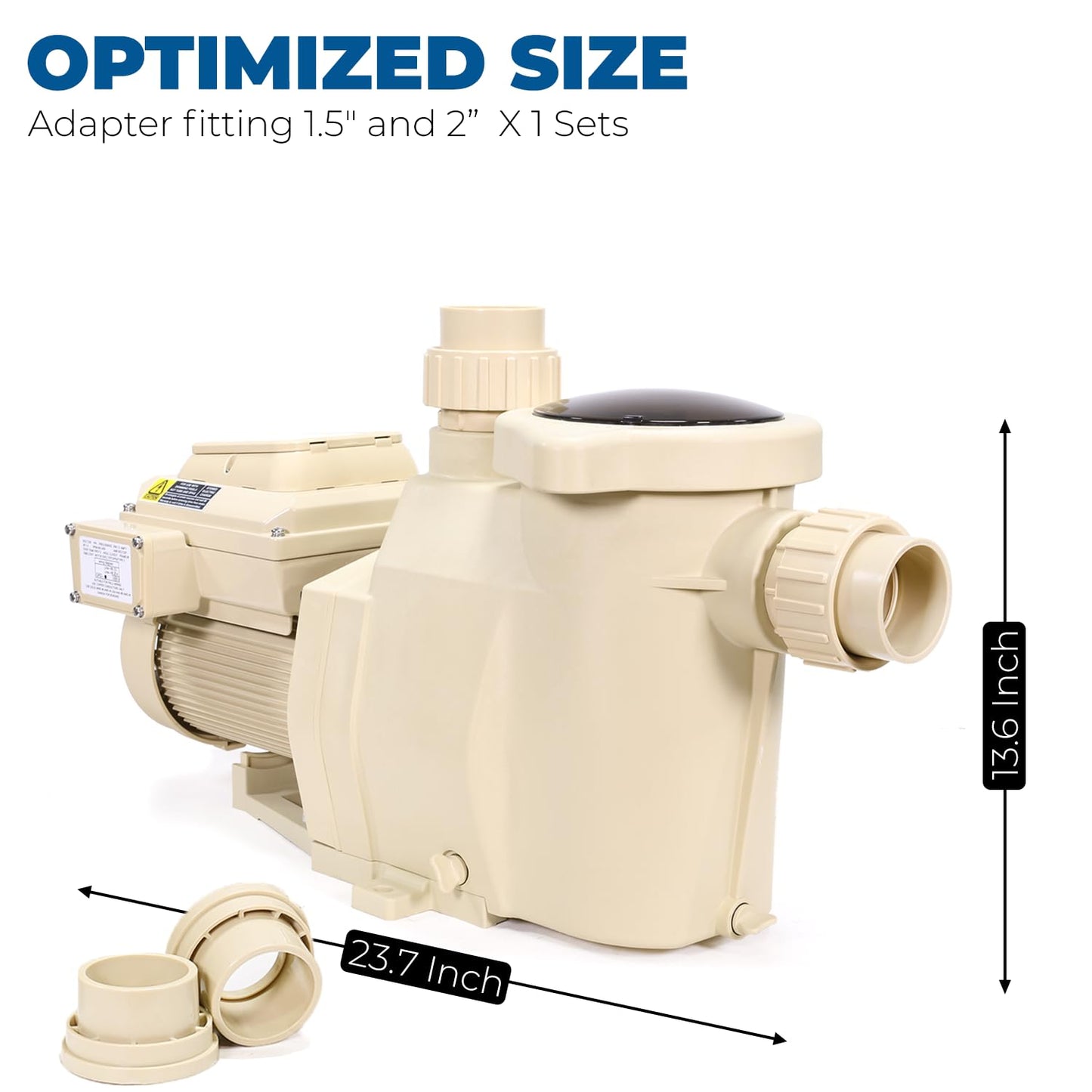 XtremepowerUS 3HP Variable Speed High-Flo Pool Pump In-Ground Pool 230V, 1-1/2” & 2” Pipe Adapters Energy Star Certified