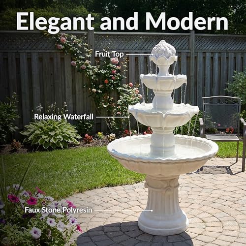 Sunnydaze 52-Inch 3-Tier Outdoor Water Fountain with Fruit Top - Large Outdoor Water Feature for Garden, Patio, Yard or Balcony - White