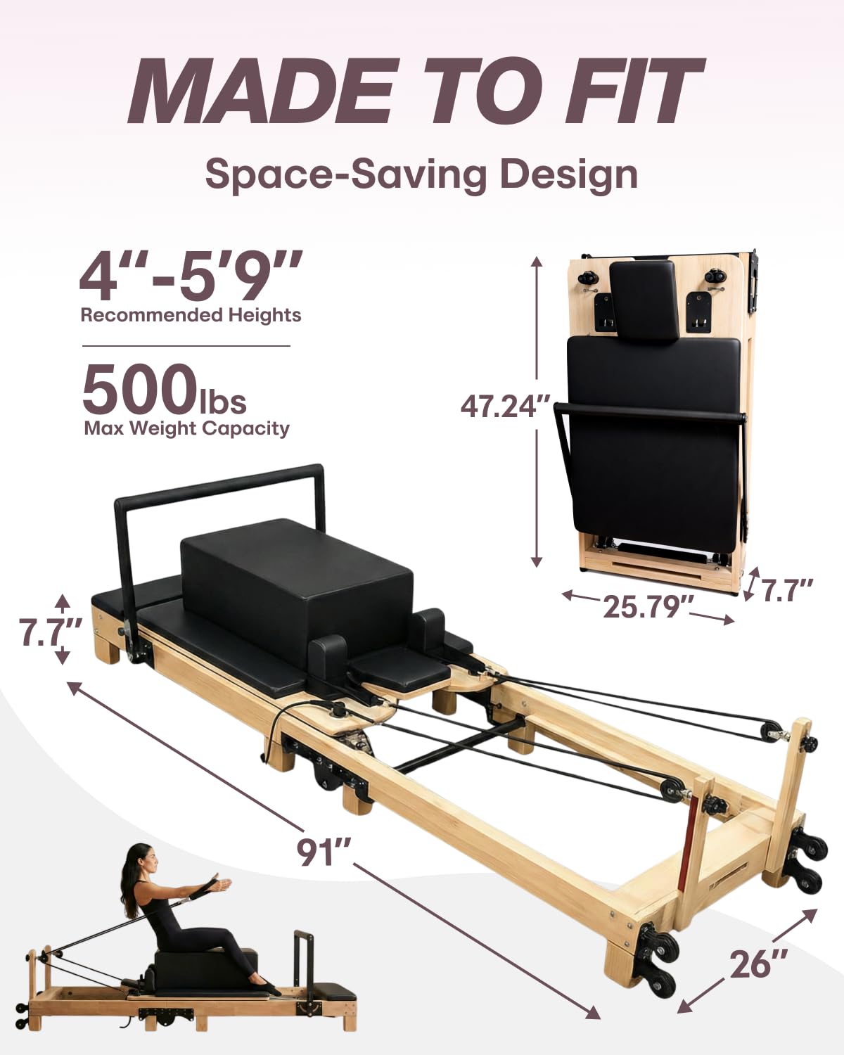 Foldable Pilates Reformer Machine - 91 in Easy Assembly with Included Sitting Box, Jumpboard, and Accessories - Wooden Foldable Reformer Pilates Machine for Home Workout or Professional Studio