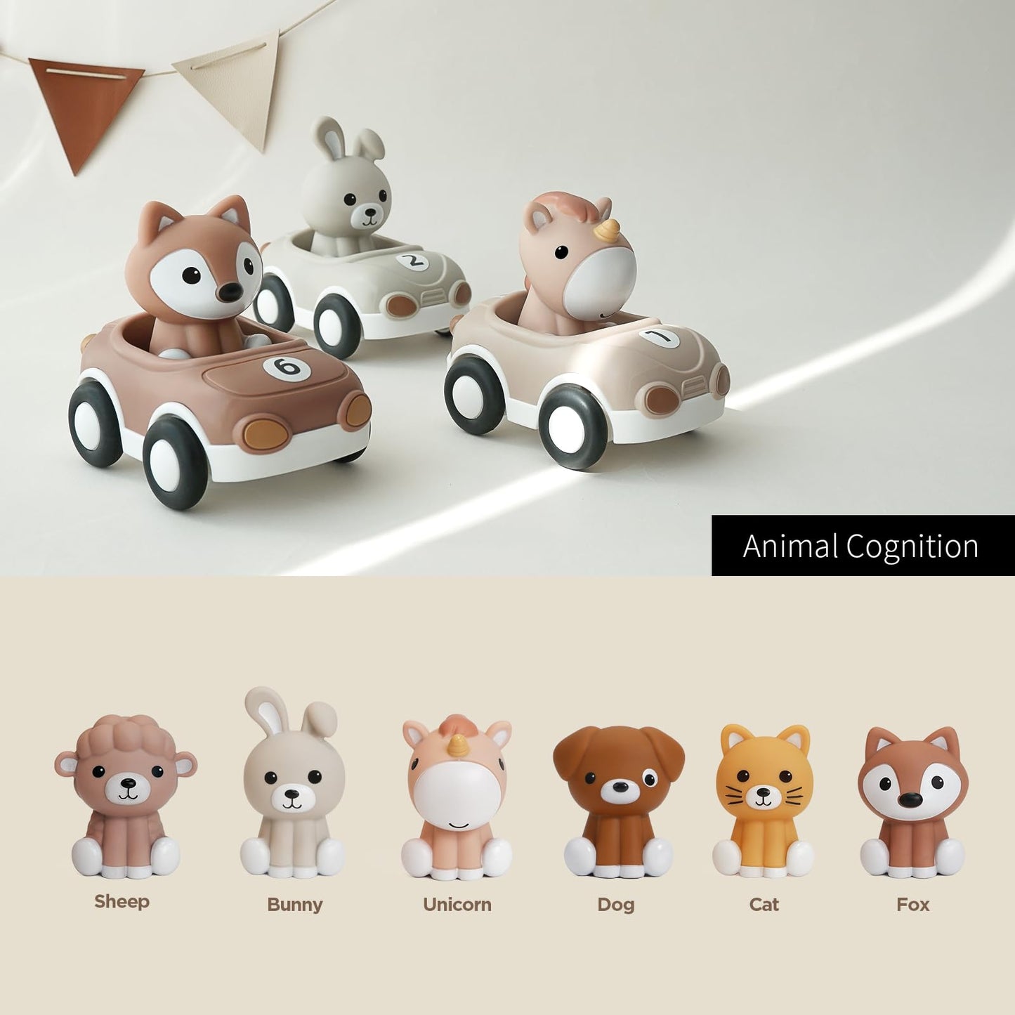 Nueplay Toy Cars for Toddlers 1-3, 6-Pack Friction Powered Push and Go Vehicle Set with Animal Finger Puppets for Boys Girls