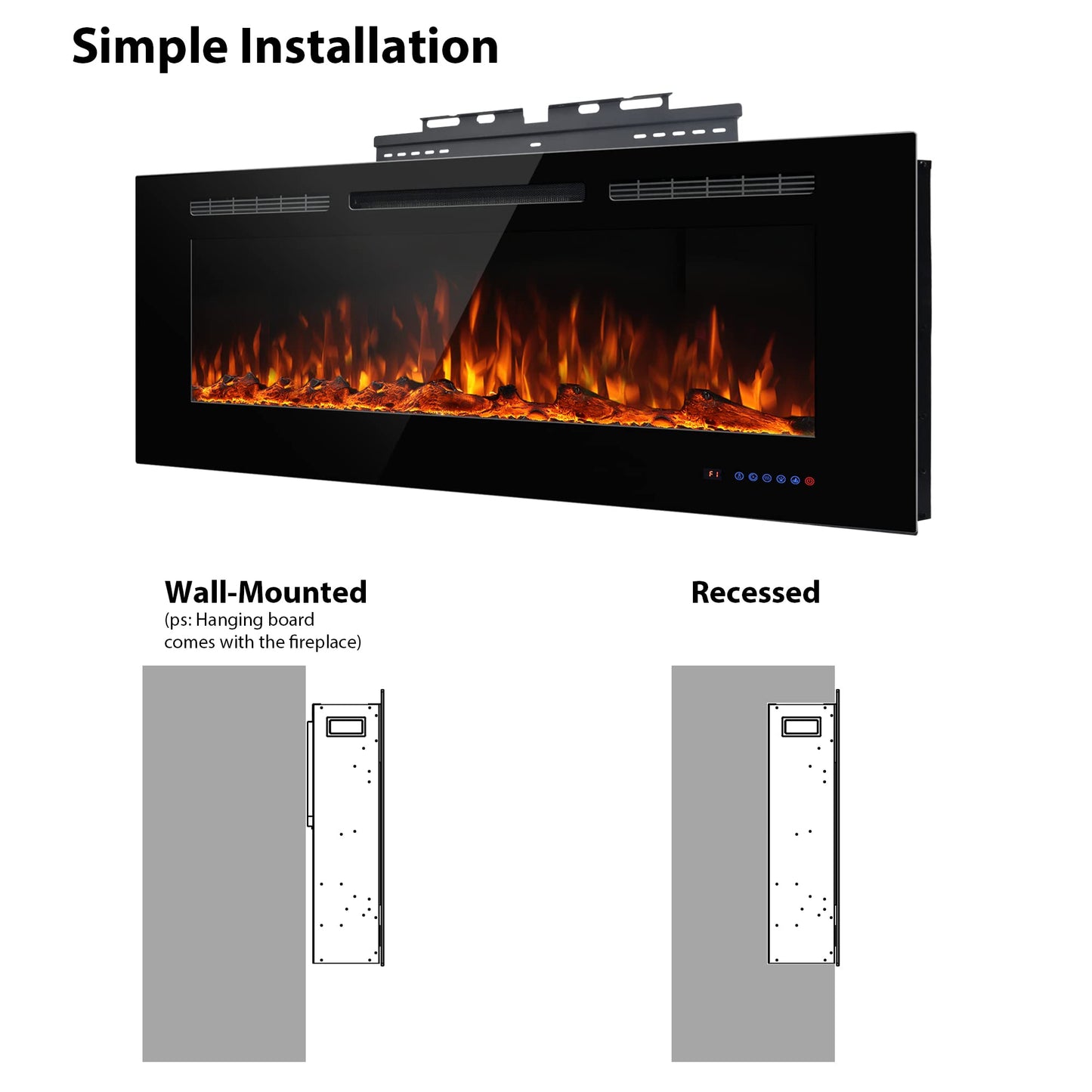Dreamflame Electric Fireplace 42inches, Wall-Mounted & Recessed Fireplace Inserts, Multicolor Flame w/5 Dimmer, Remote Control Thermostat, Timer, Overheating Protection, Hardwire Connect, 1500W,Black