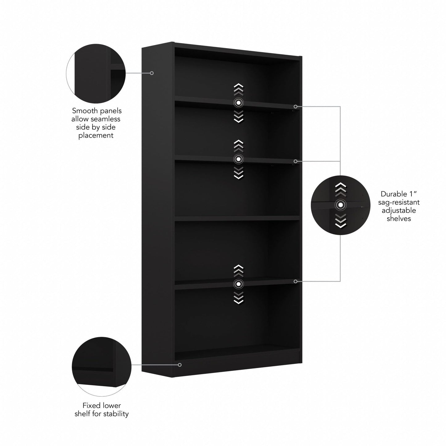 Bush Home Universal Tall 5 Shelf Bookcase in Black, Vertical Storage and Display Bookshelf for Home Office or Living Room Organization