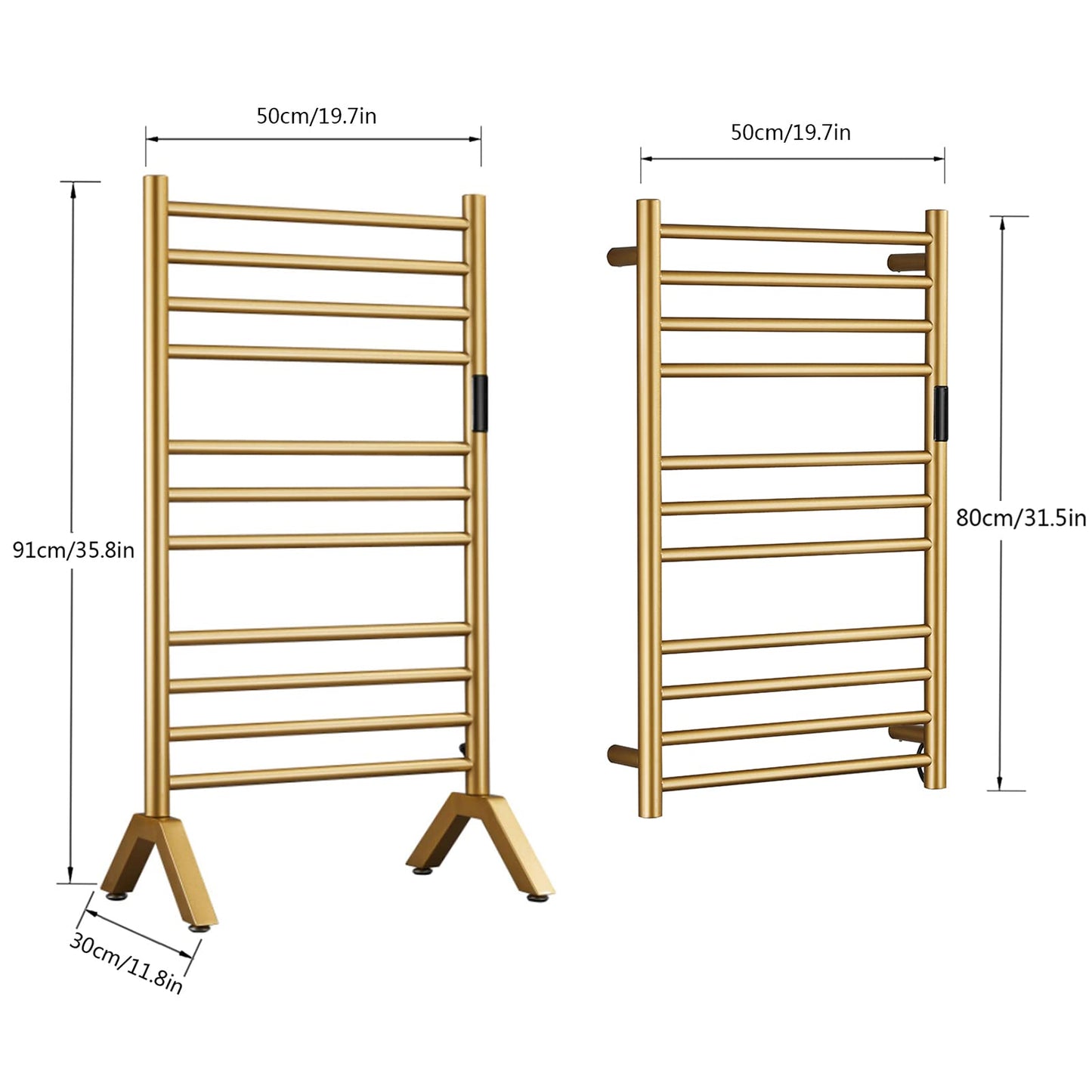 XMGJ Electric Towel Warmers Radiator with Timer Gold, 140W Wall-Mounted & Freestanding Heated Towel Drying Rack with 11 Bars, 304 Stainless Steel Heated Towel Rail for Bathroom, Plug-in