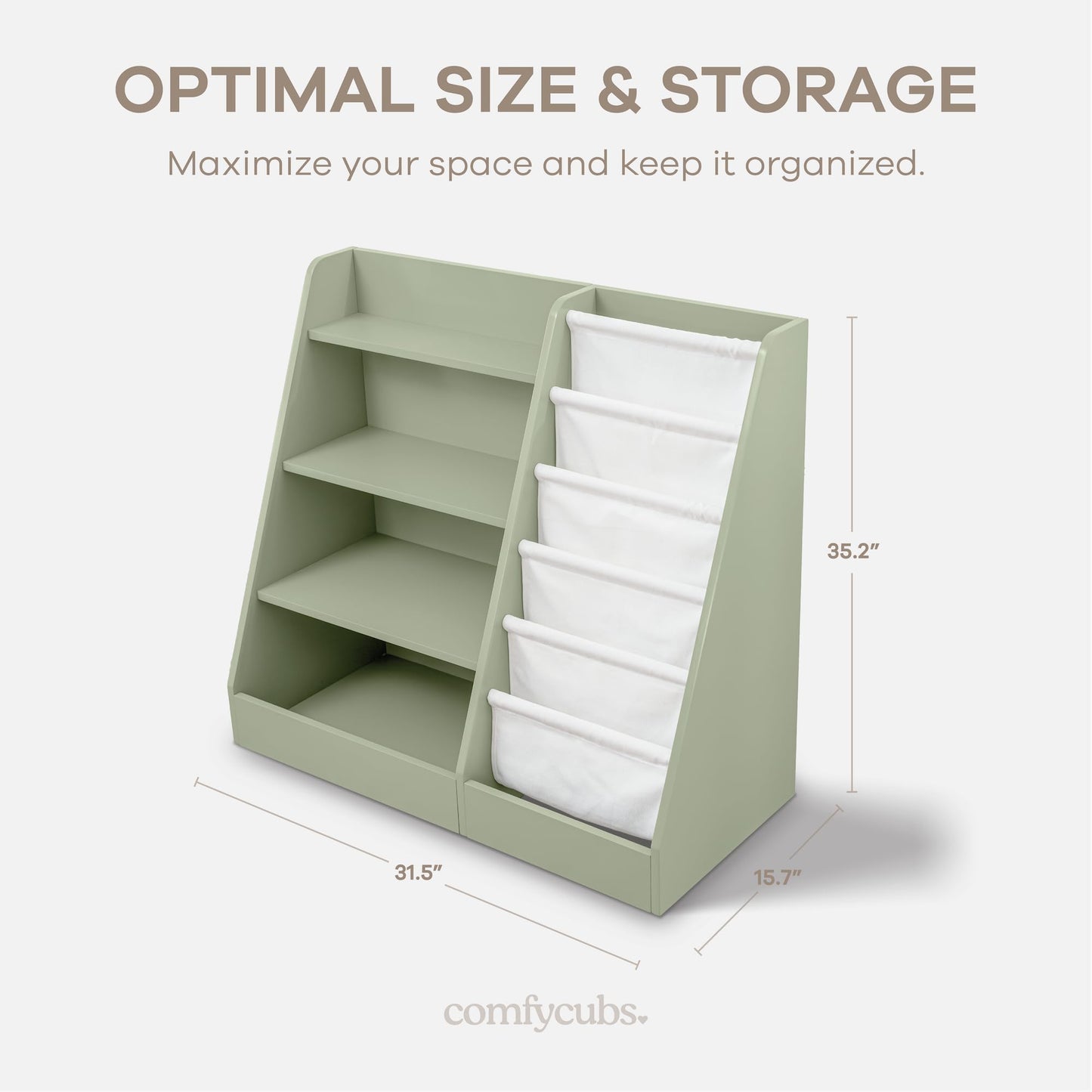 Comfy Cubs Kids Bookshelf 35.2 x 15.7 x 31.5 Inches - Sturdy MDF Montessori Book Shelf with Soft & Hard Shelves for Toys & Books - Child-Friendly, Easy Access Storage Organizer for Kids - Sage