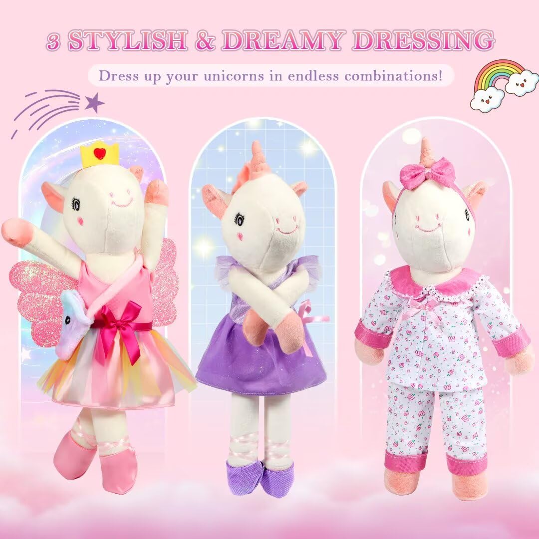 HUITEM Unicorn Toys for Girls Age 4-6, Ballerina Doll Stuffed Animal with 3 Set Clothes, Plush Bag, Accessories, 16 inch Unicorn Doll Toys Birthday Gift for 3 4 5 6 Year Old Little Girls
