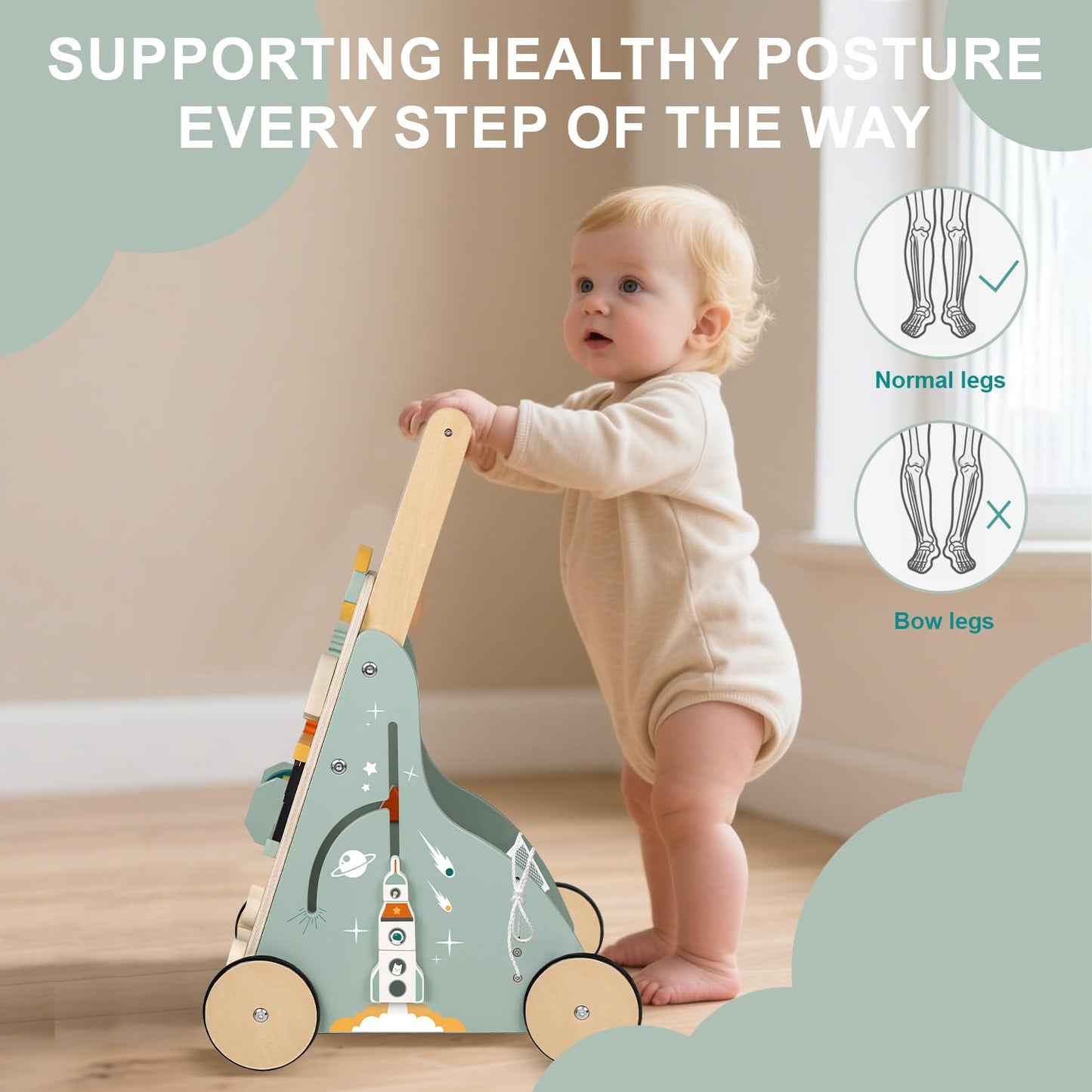 MILEFUN Adjustable Wooden Baby Walker – Montessori Push Toy for 1 Year Old with Rocket-Themed Activity Center, Sit-to-Stand Walker Gift for Boys and Girls