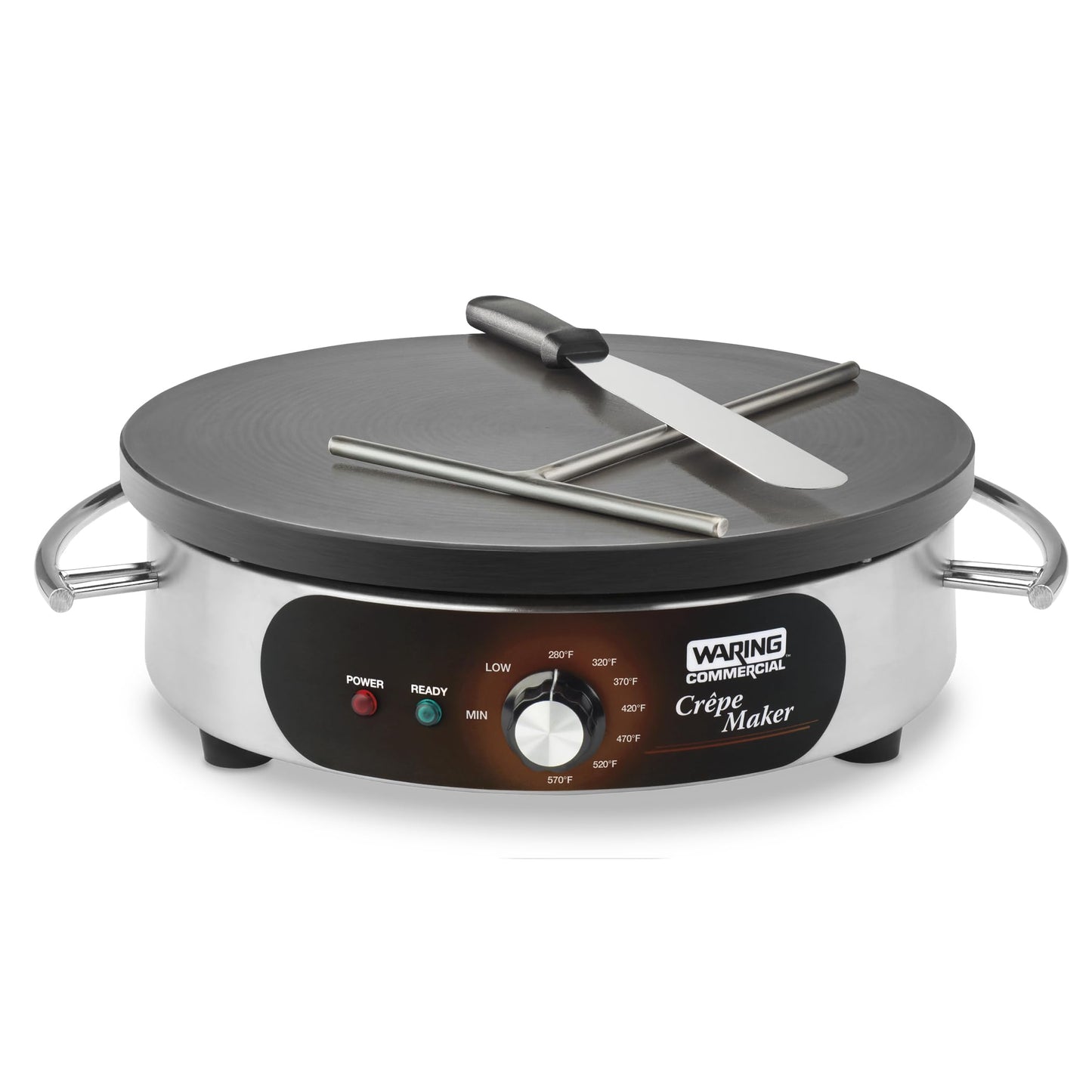 Waring Commercial WSC160X 16" Electric Crepe Maker, Cast Iron Cooking Surface, Stainless Steel Base, Includes Batter Spreader and Spatula, 120V, 1800W, 5-15 Phase Plug