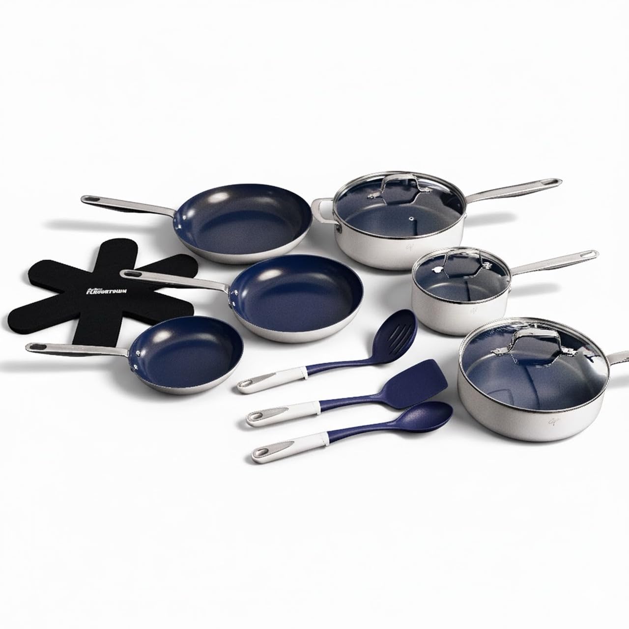 Guy Fieri's Flavortown 15-Piece Ceramic Cookware Set, Nonstick Pots and Pans for Cooking, Induction Compatible (Blue & White, 15-Piece, Induction-compatible)