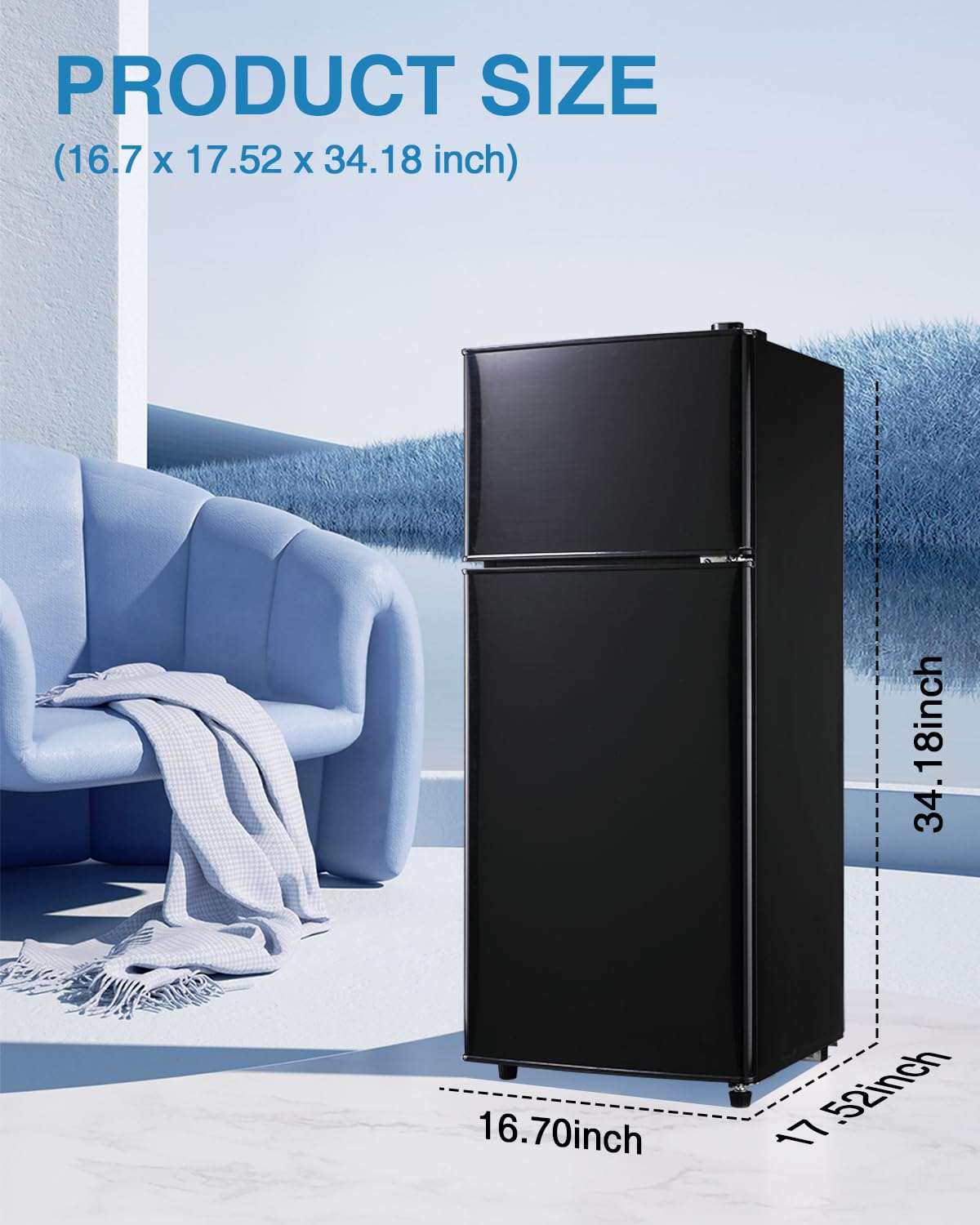 EUASOO KB FLS-80-Black 3.5Cu.Ft Compact and Small Refrigerator with Freezer, Retro Fridge with Dual Door, 7 Level Adjustable Thermostat for Garage, Dorm,Bedroom, Office, Apartment, Black