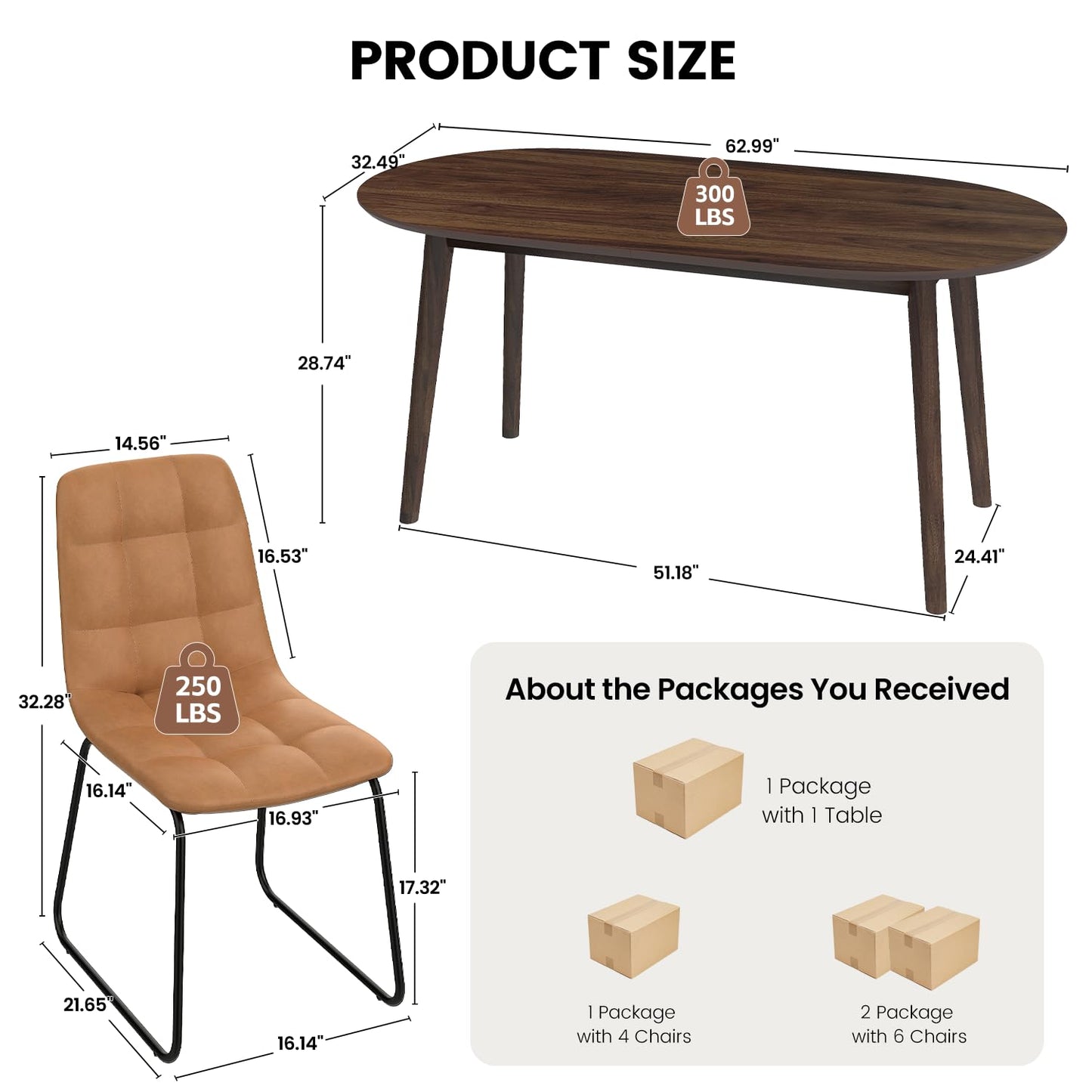 63" Oval Dining Table Set for 4, 5 Piece Modern Dining Table Set for Kitchen and Dining Room, Solid Wood Legs Dining Table with 4 Checkered PU Leather Dining Chairs（Walnut Table+4 Brown Chairs)