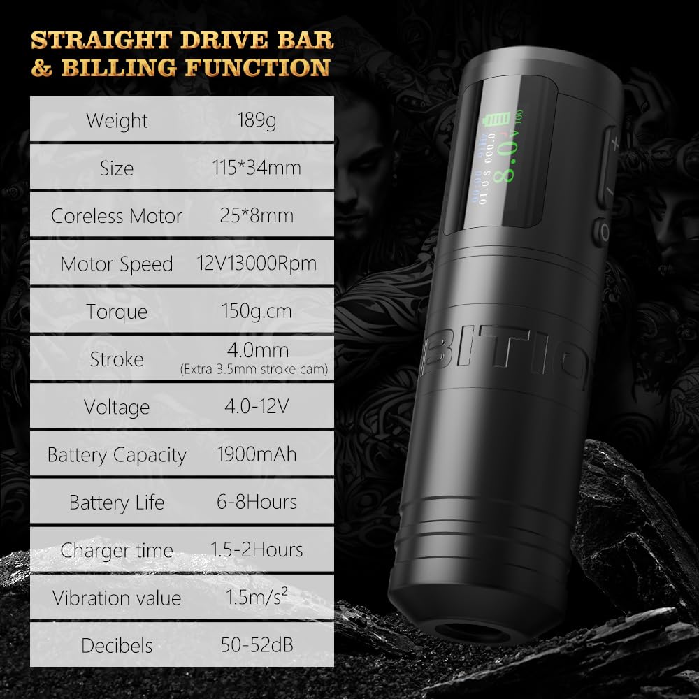 Ambition Ninja Ultra Wireless Tattoo Machine with Intelligent Billing Feature- Rotary Cartridge Pen with 1900mAh Wireless Tattoo Gun Coreless Motor Straight Drive Bar Equipment for Tattoo Artists
