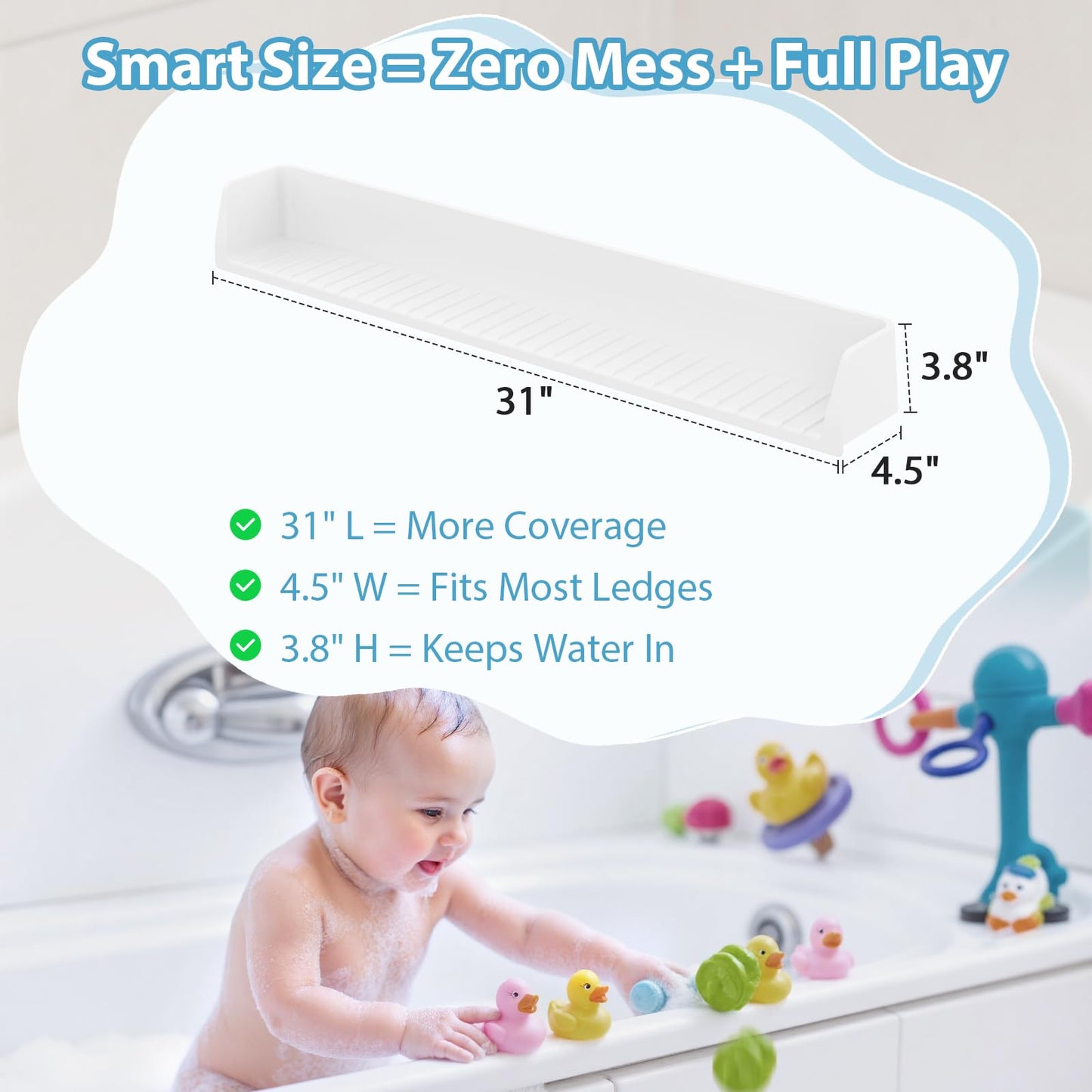 AyNirser Bathtub Splash Guard Play Shelf Over Tub 31” with Strong Suction Cups, Silicone Tub Water Guards Toy Tray Holder No Mess Water Spill in Bathroom-White