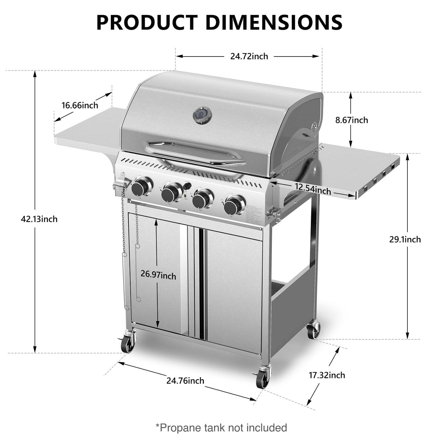 Electactic Propane Gas Grill 4 Burners, 32000 BTU Outdoor Barbecue Grill with Stainless Steel Body & Heavy-Duty 304 Grill Grates, Foldable Side Shelves & Built-in Thermometer, Portable with Wheels