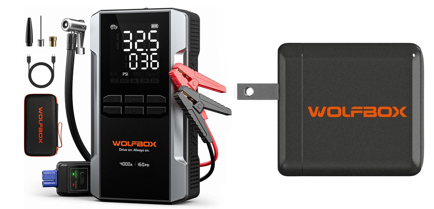 WOLFBOX 4000A Jump Starter with 160PSI air Compressor and 65W Fast Charge Adapter