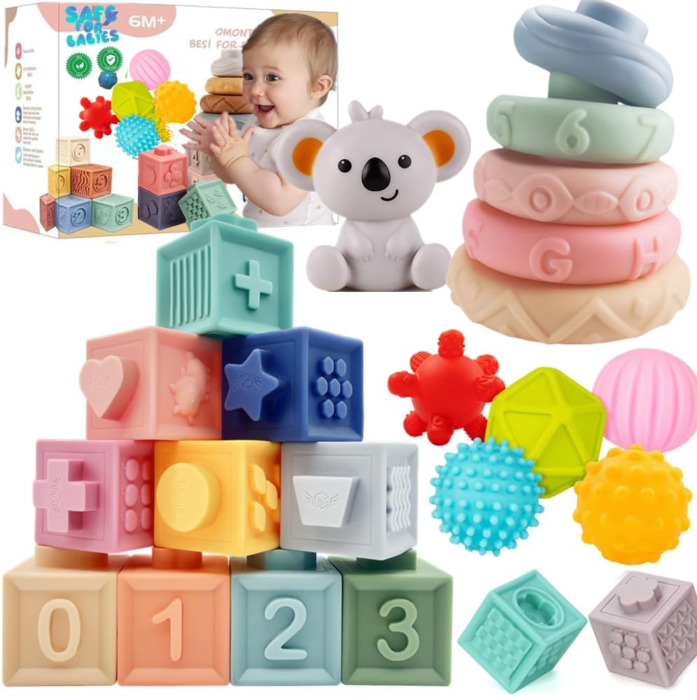 ELLECK Baby Montessori Sensory Toys for 0-6 6-12 Months, Teething Toys for Babies 0 3 6 9 12 18 Months, Infant, Newborn Rattle Teether, Blocks, Soft Stacking Rings, Ideal Baby Boy Girl Gifts Set