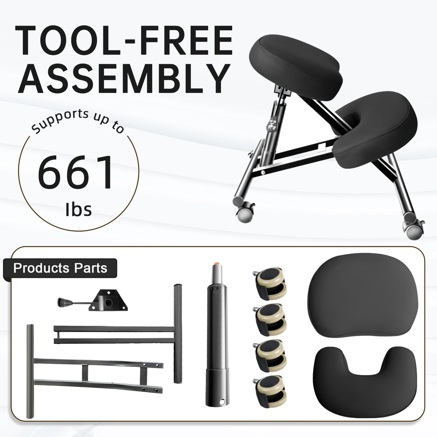 DENGTELI PU Leather Ergonomic Kneeling Chair, Adjustable Home and Office Stool with Thick Pads and Flexible Lockable Brake Wheels for Back Pain Relief(Black)
