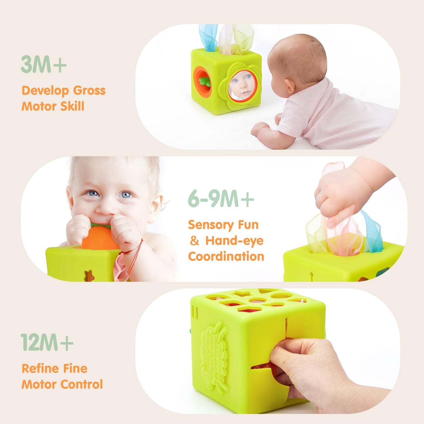 hahaland Silicone Baby Tissue Box Toy - Baby Toys 6-12 Months Montessori Toys for 6 Month Old Babies, 6-in-1 Soft Busy Activity Cube with Scarves, Crinkle, Textures, Mirror, Sensory Popper 9 Month Old