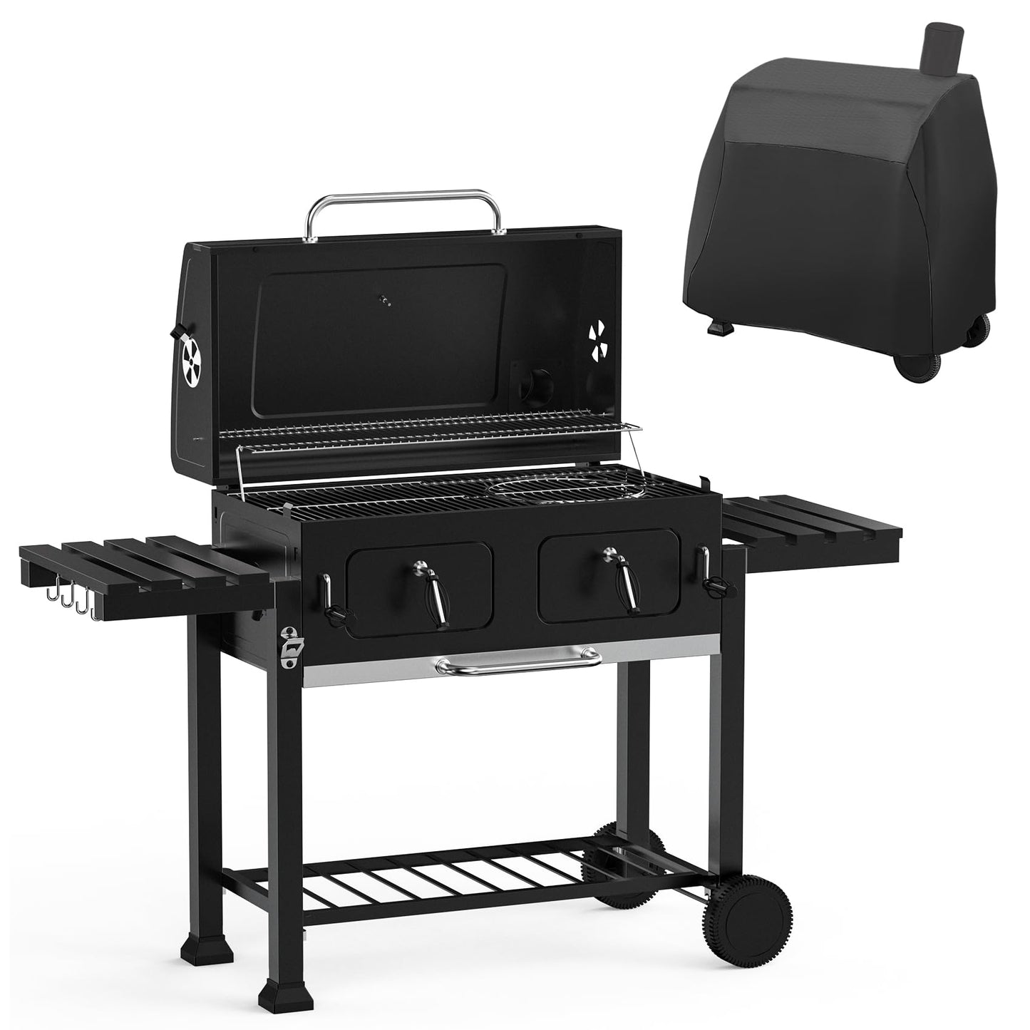 ONLYFIRE GRILLS Extra Large BBQ Charcoal Grill with Cover, 794 SQ.IN Cooking Area, Heavy Duty Outdoor Barbecue Grill with 2 Individual Lifting Charcoal Tray and 2 Side Tables, Sturdy Wheels, GS339