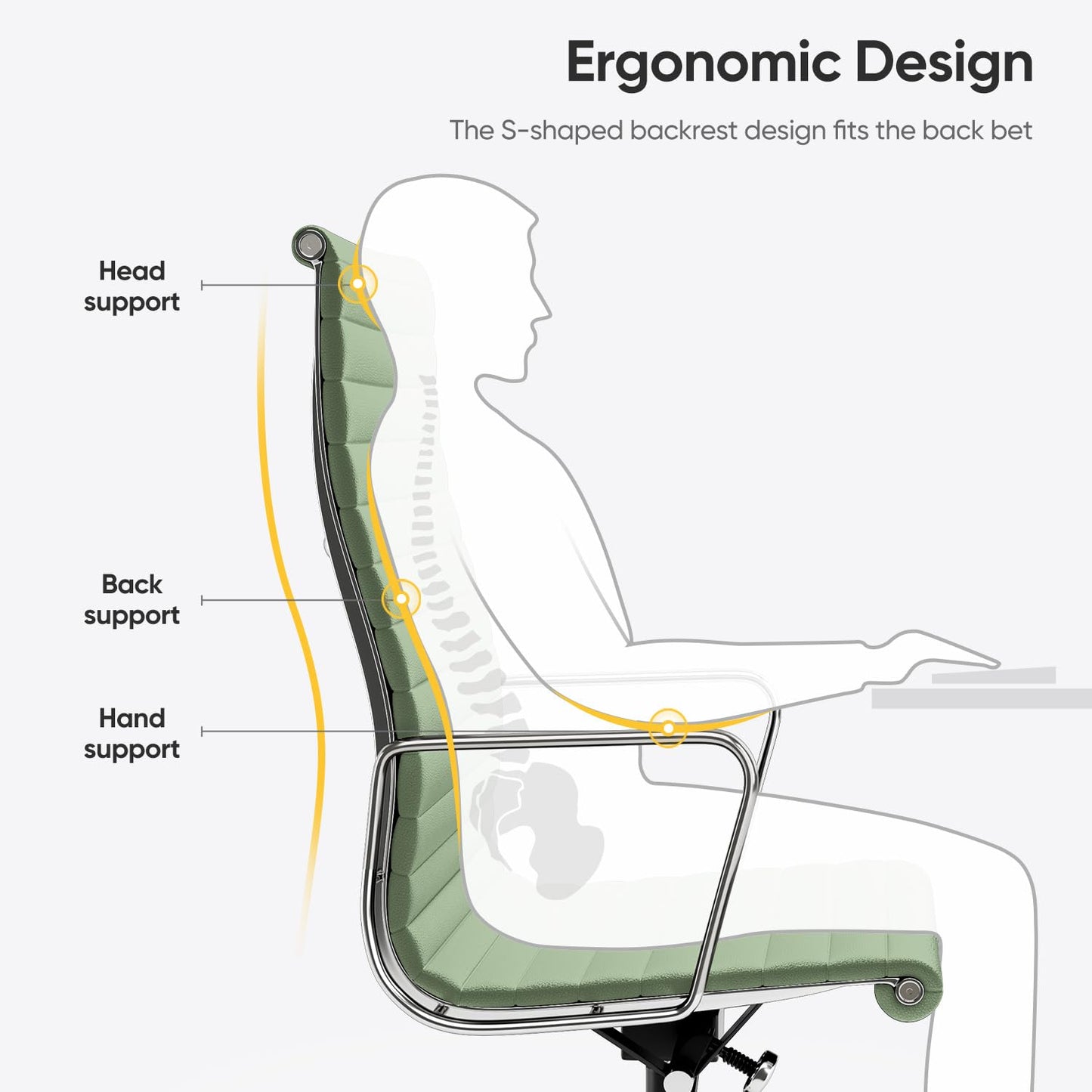 OTDMEL Ribbed Office Chair with Top Grain Leather - High Back Ergonomic Desk Chair with Aluminum Arm Rest and 5-Star Base, Swivel Chairs Light Green