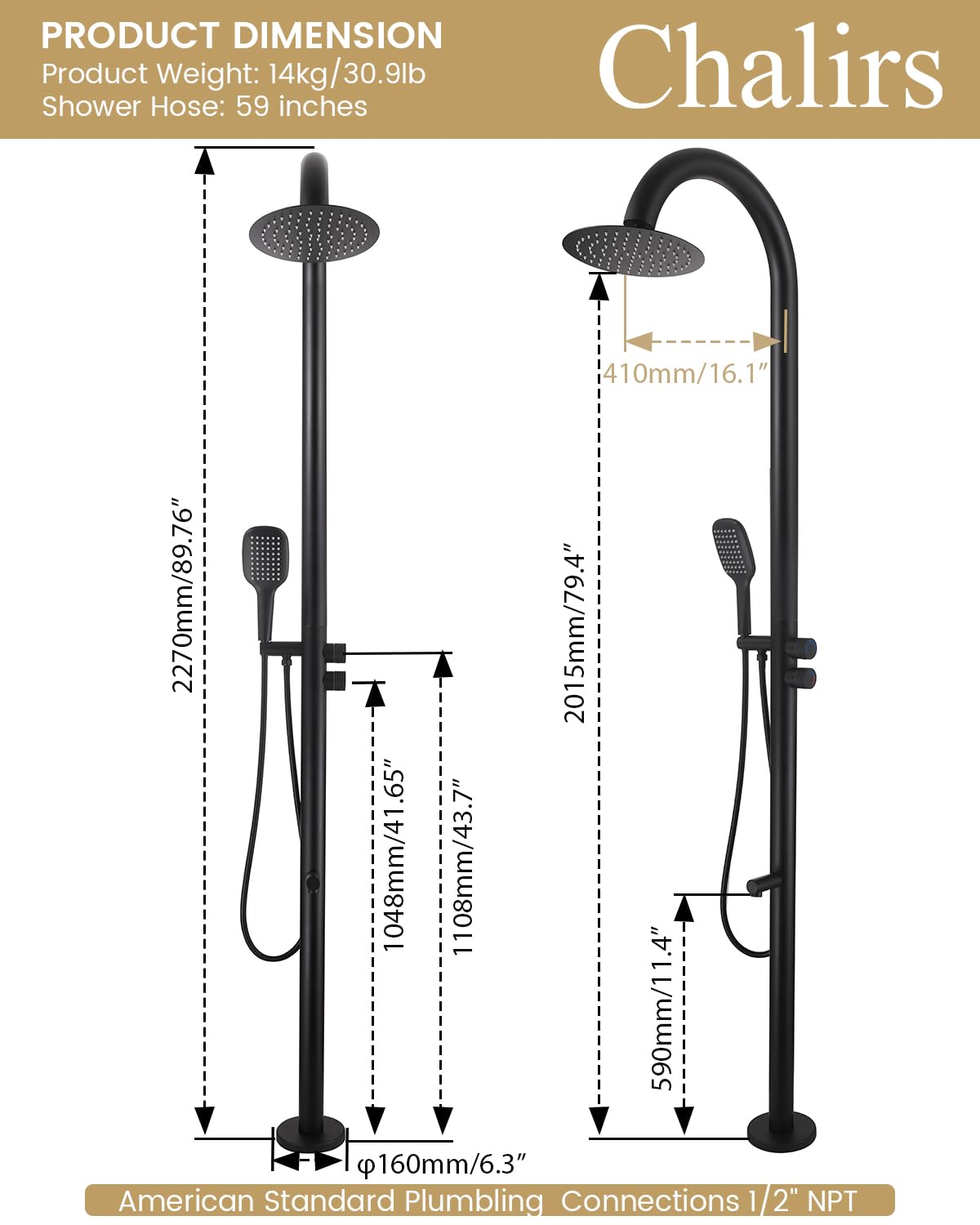 CHALIRS 316 Marine Grade Stainless Steel Free Standing Outdoor Shower with Foot Wash, 3-Function Matte Black Shower Kit with 10''Rain Shower Head,Outdoor Shower Fixture for Yard Beach Poolside Garden