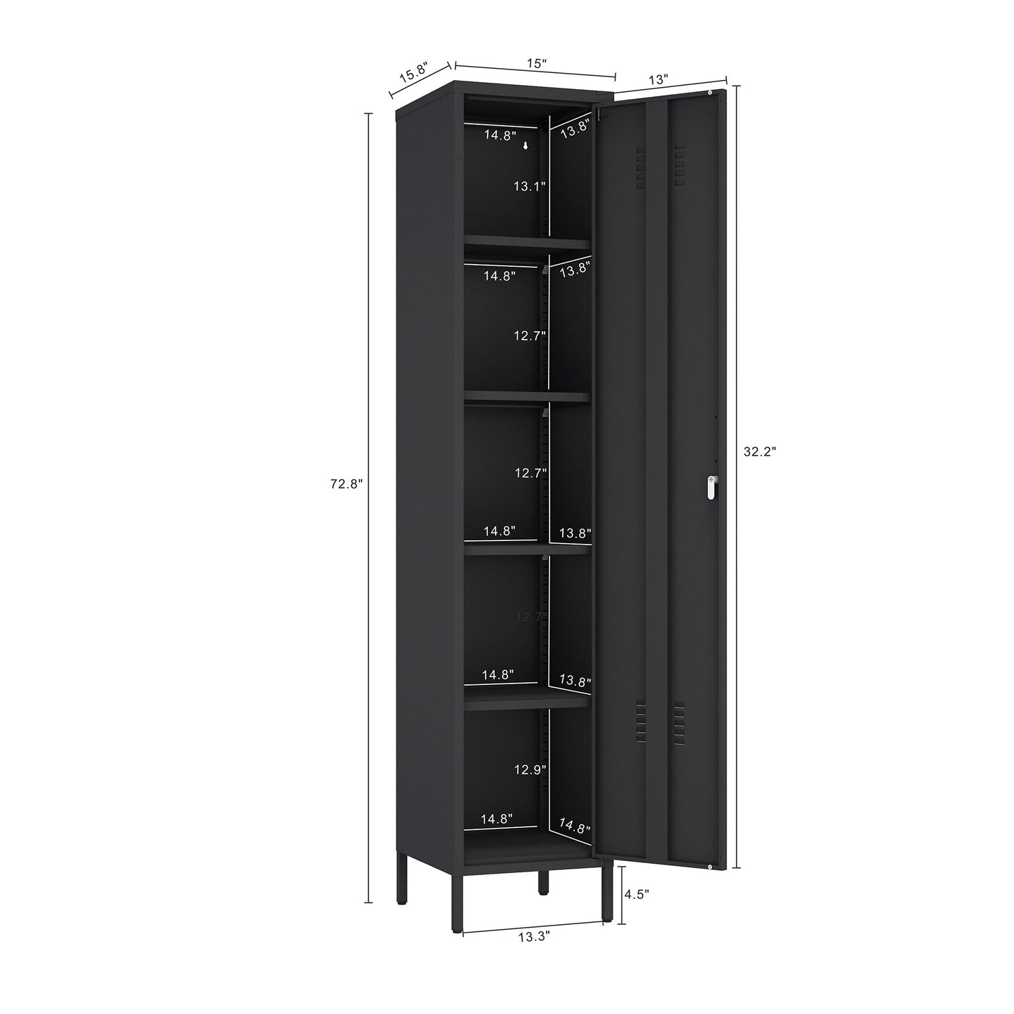 Manhattan Comfort Naomi 72.8'' Tall Storage Cabinet, Single Metal Locker with Lock, Adjustable Shelves, Vented Door & Floor Protectors, Modern Garage & Office Organizer, Black
