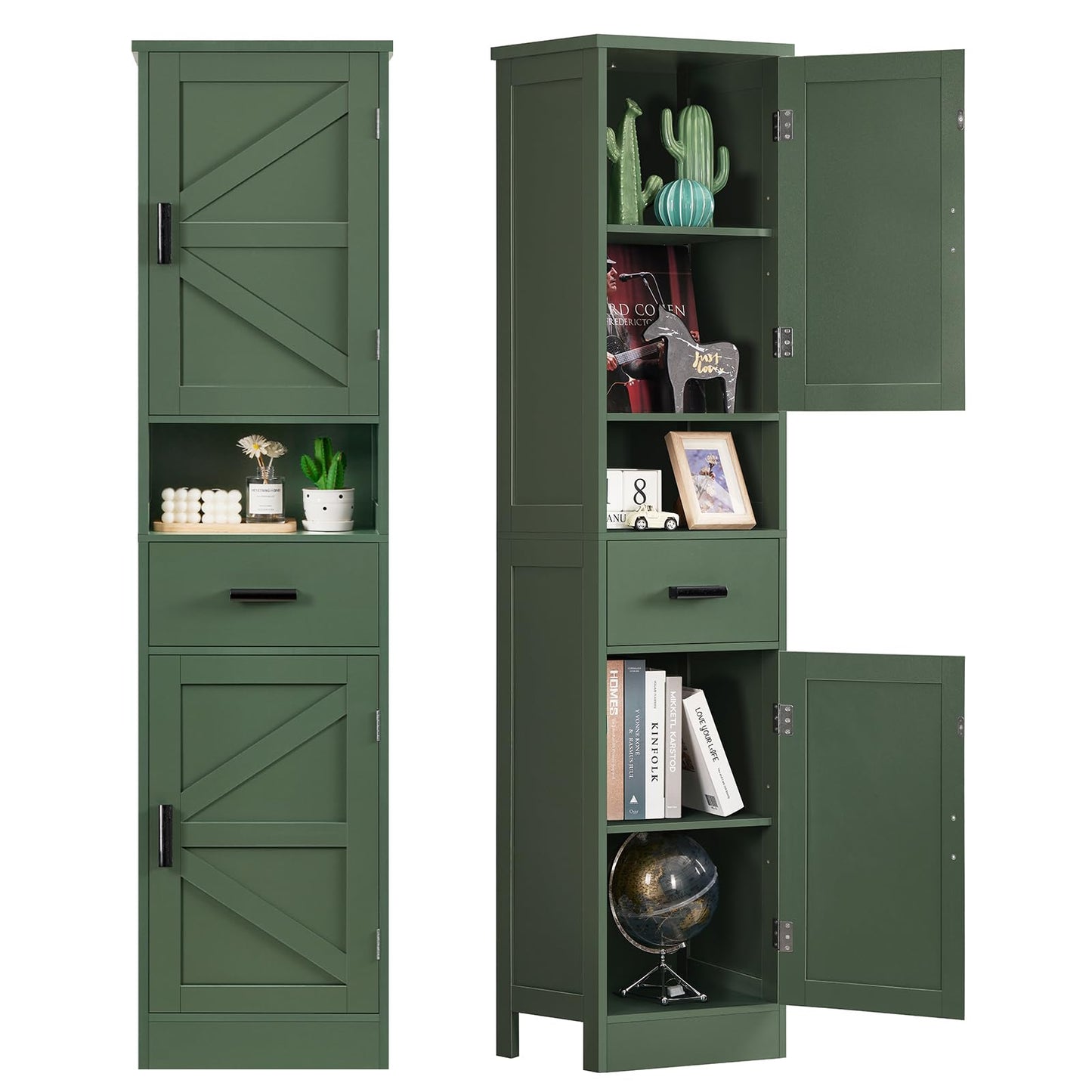 TEENFON 67" H Tall Bathroom Storage Cabinet with Barn Doors and Drawer, Narrow Bathroom Cabinet, Narrow Storage Unit, Adjustable Shelves, Floor Cabinets for Living Room, Forest Green UNSNG091V