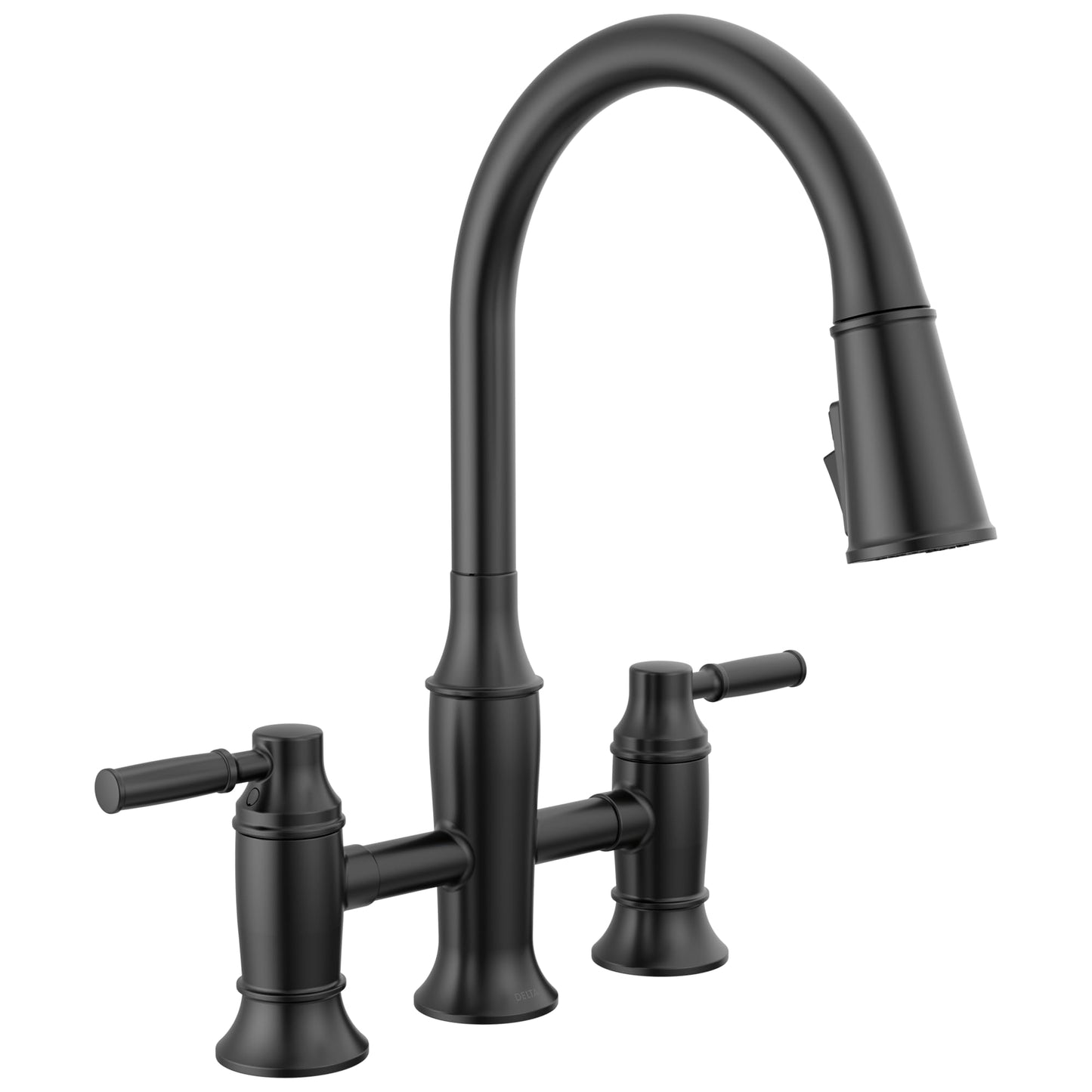 Delta Renaldi Matte Black Kitchen Faucet with Pull Down Sprayer, Bridge 3 Hole Modern Kitchen Sink Faucet, Two-Handle, Matte Black 2384L-BL-DST