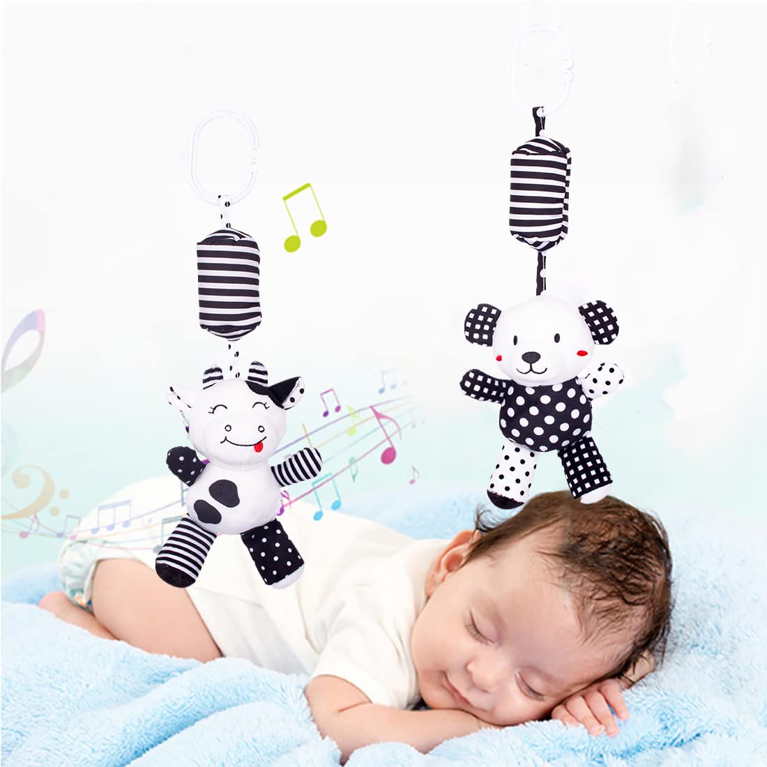 SHXERO Baby Car Seat Toys, Black White Stroller Toy Stretch Baby Spiral Plush Toys, Hanging Rattle Toys for Crib Mobile, Newborn Sensory Toy Best Gift for 0 3 6 9 12 Months (Calf/Panda)